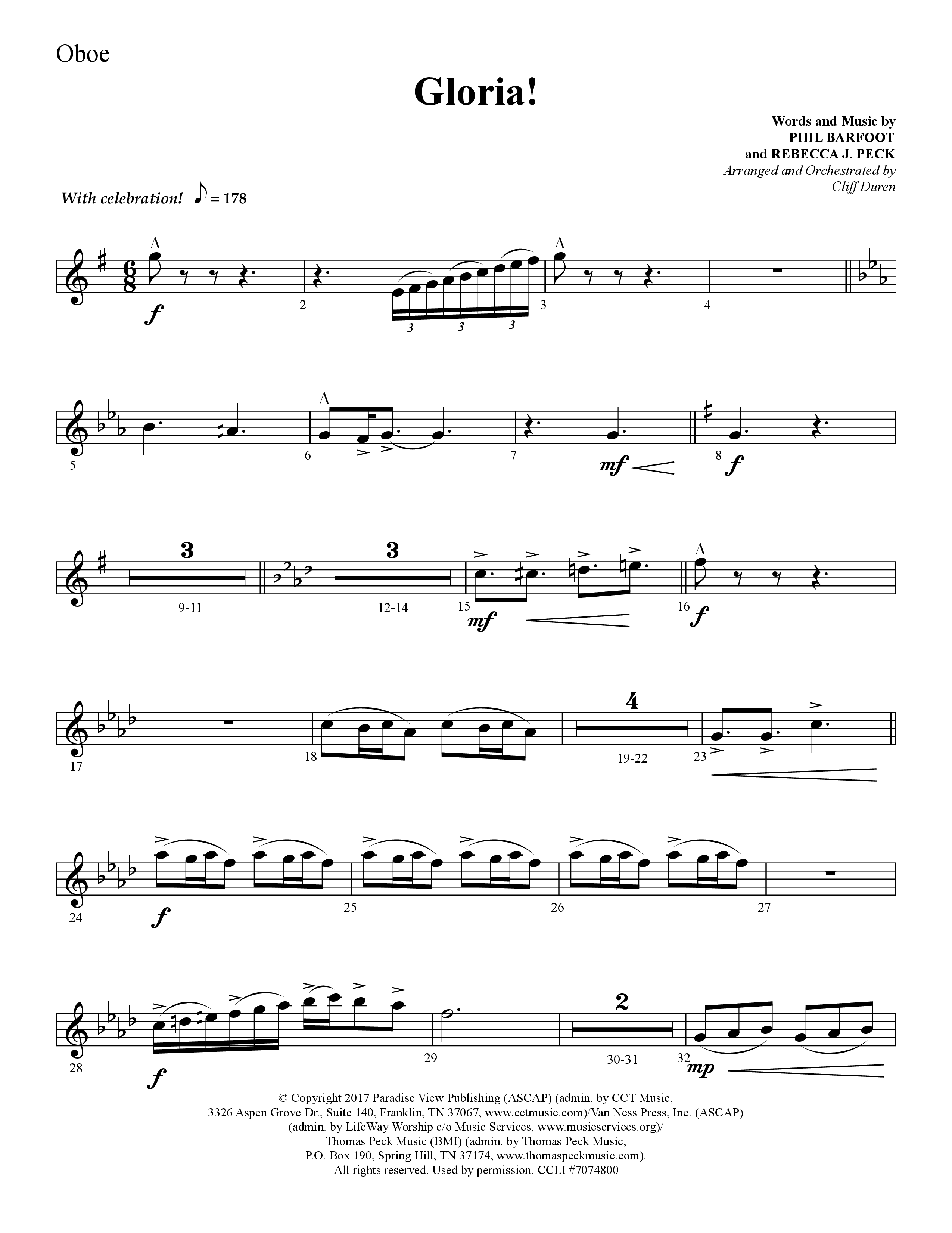 Gloria (Choral Anthem SATB) Oboe (Lifeway Choral / Arr. Cliff Duren)