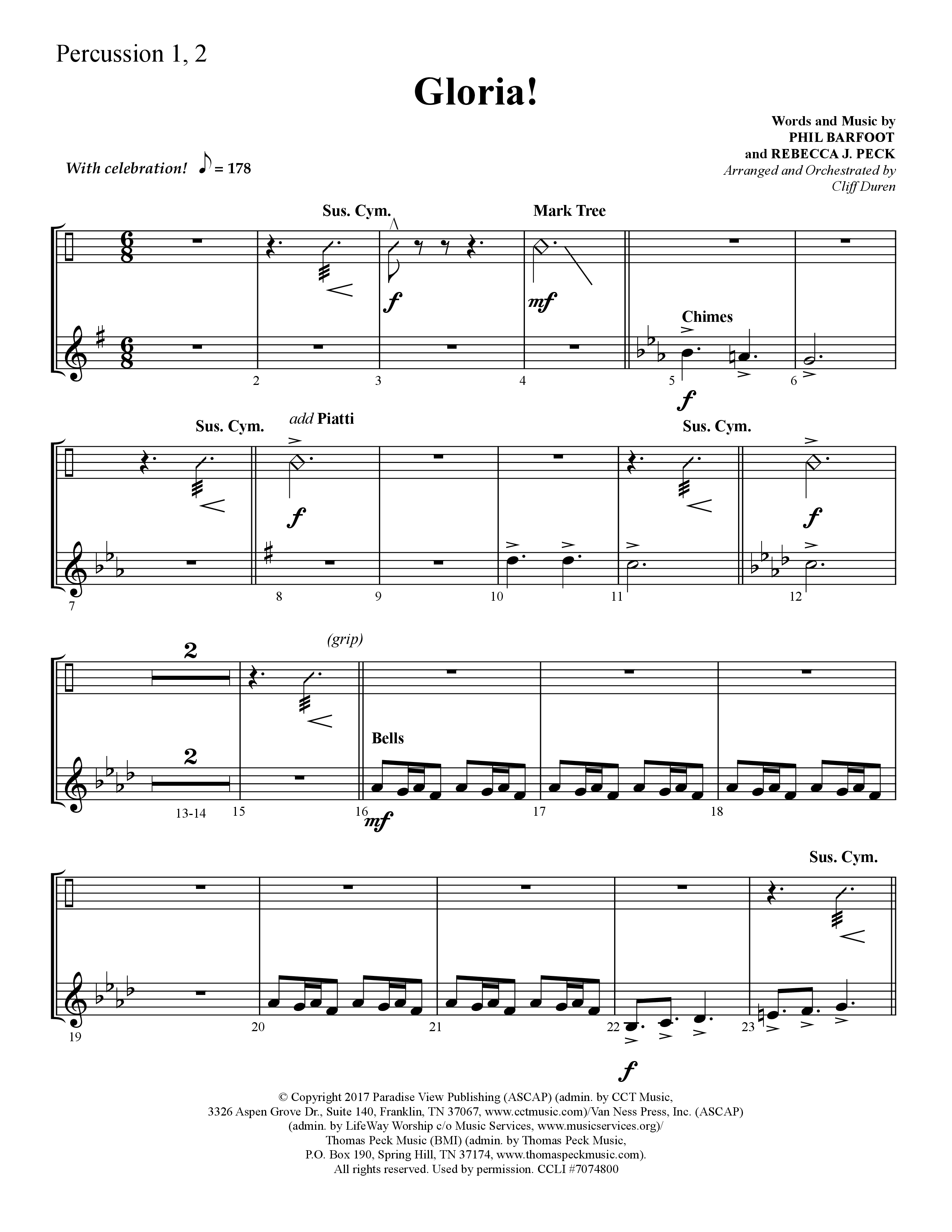 Gloria (Choral Anthem SATB) Percussion 1/2 (Lifeway Choral / Arr. Cliff Duren)