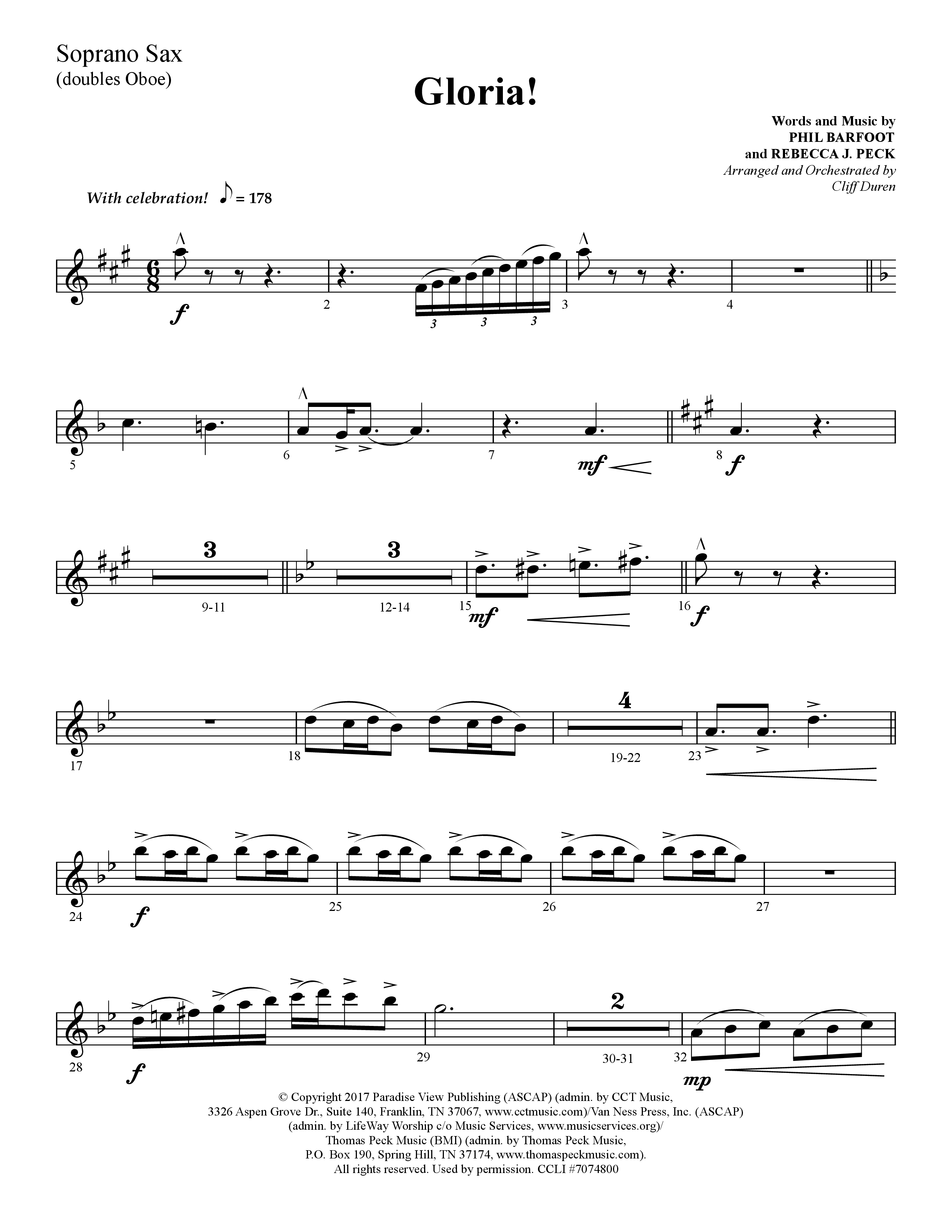 Gloria (Choral Anthem SATB) Soprano Sax (Lifeway Choral / Arr. Cliff Duren)