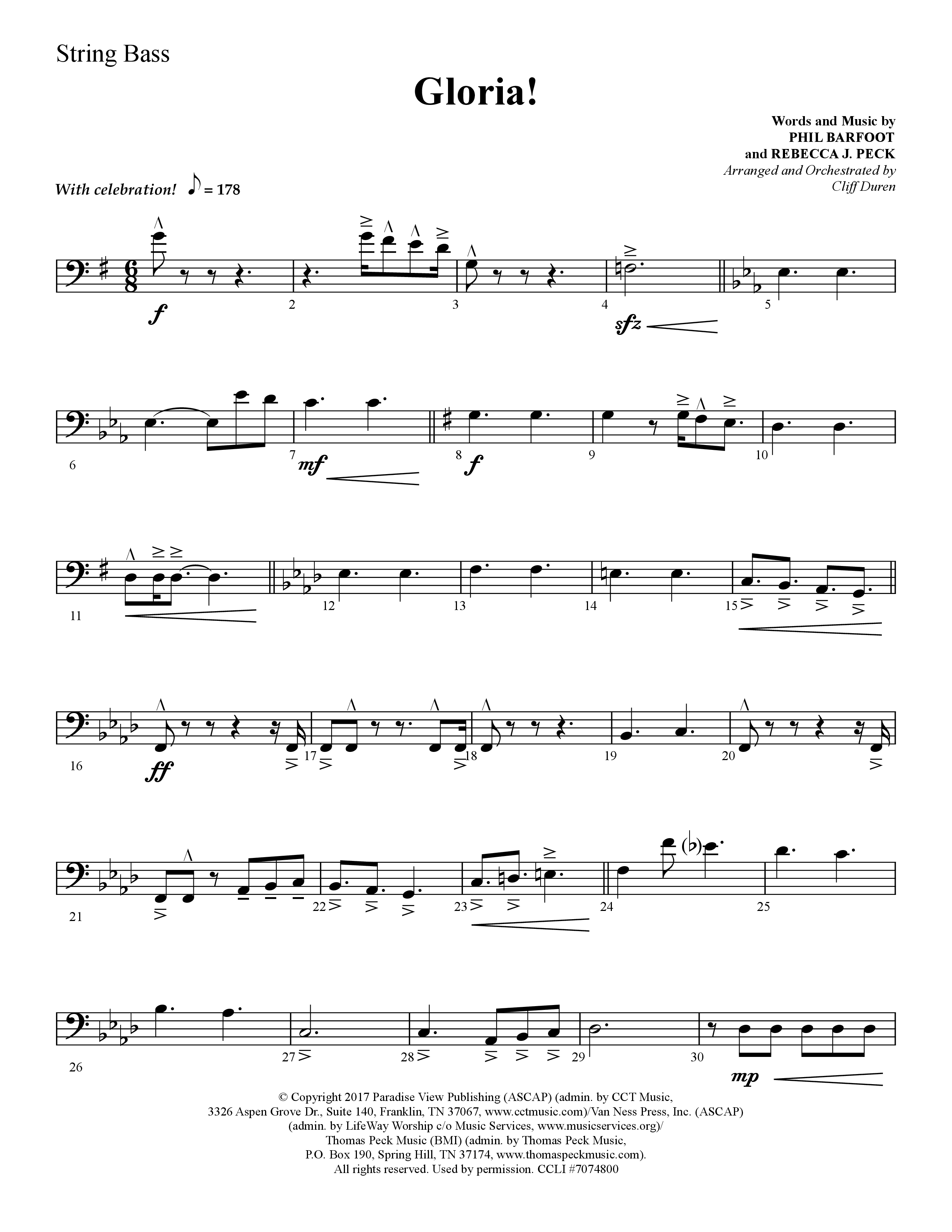 Gloria (Choral Anthem SATB) String Bass (Lifeway Choral / Arr. Cliff Duren)