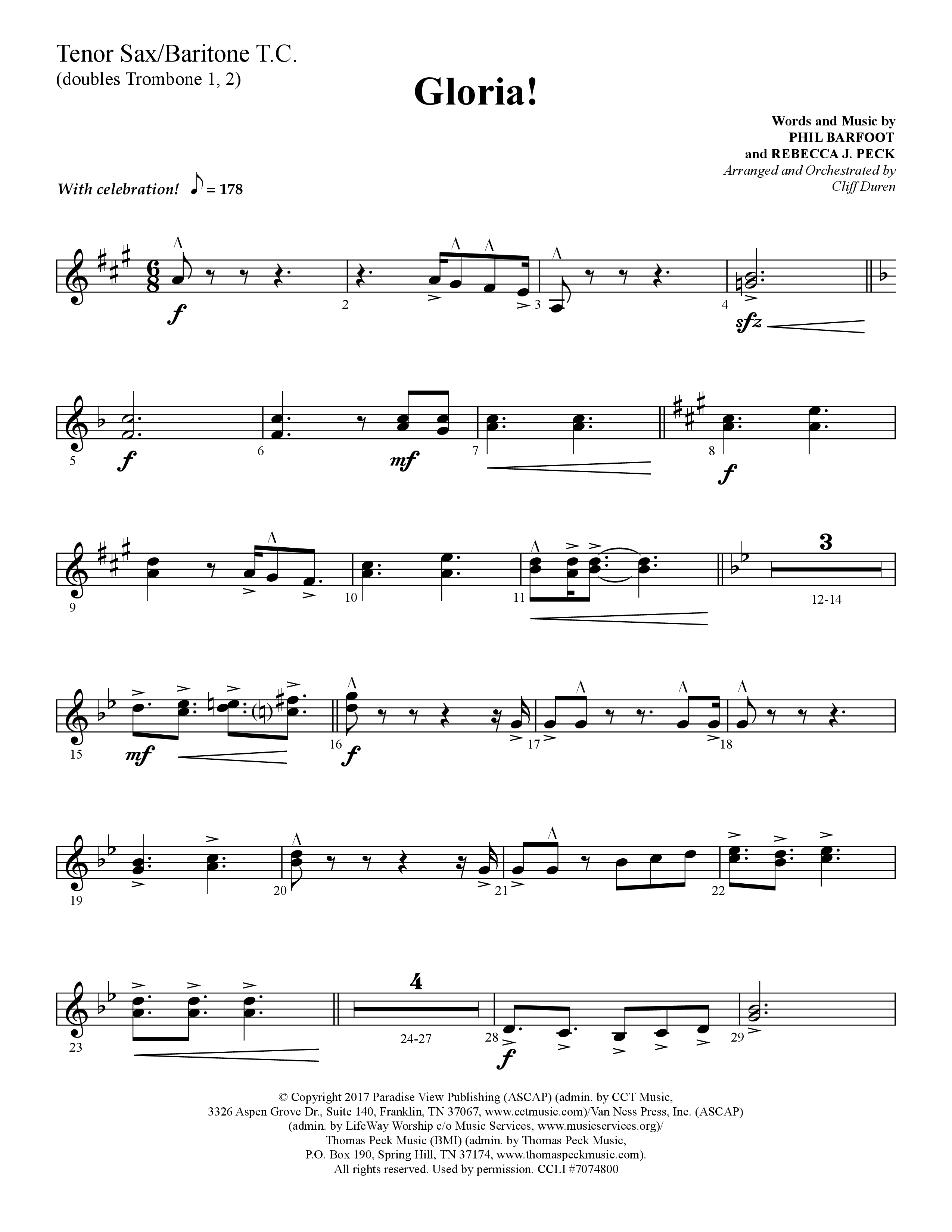 Gloria (Choral Anthem SATB) Tenor Sax/Baritone T.C. (Lifeway Choral / Arr. Cliff Duren)