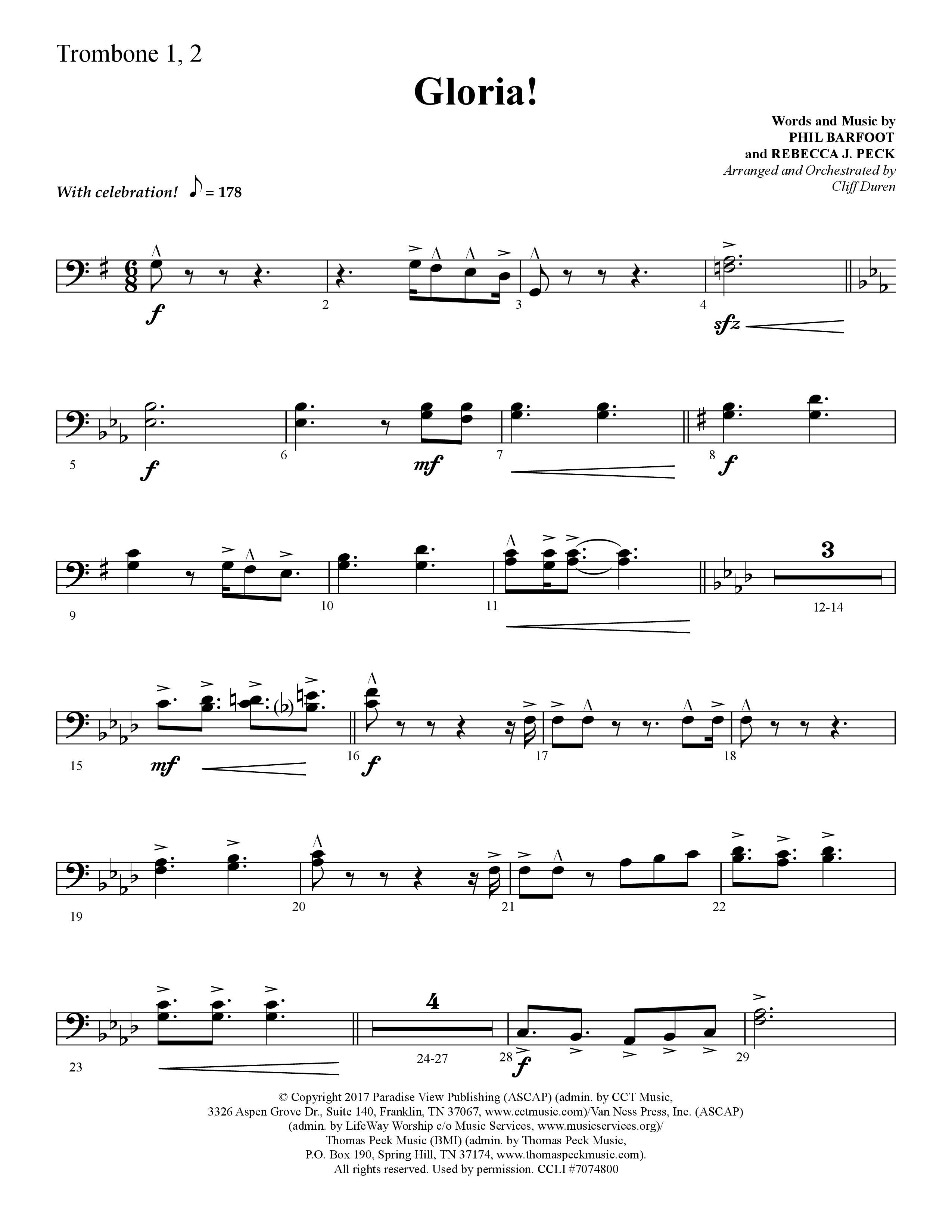 Gloria (Choral Anthem SATB) Trombone 1/2 (Lifeway Choral / Arr. Cliff Duren)