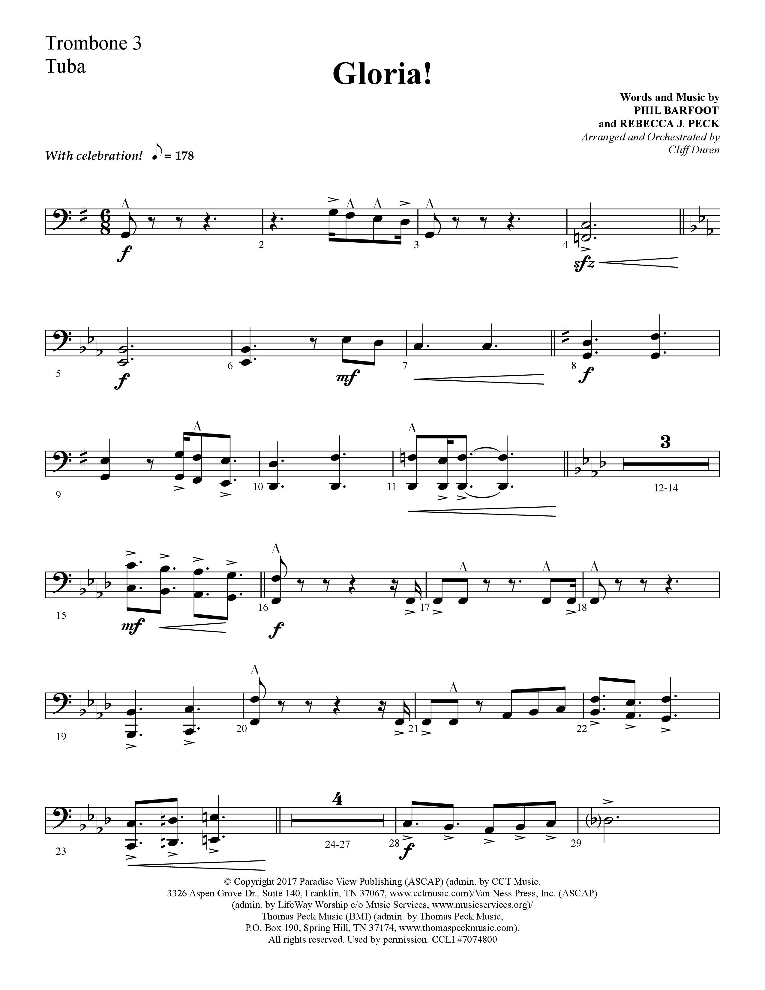 Gloria (Choral Anthem SATB) Trombone 3/Tuba (Lifeway Choral / Arr. Cliff Duren)