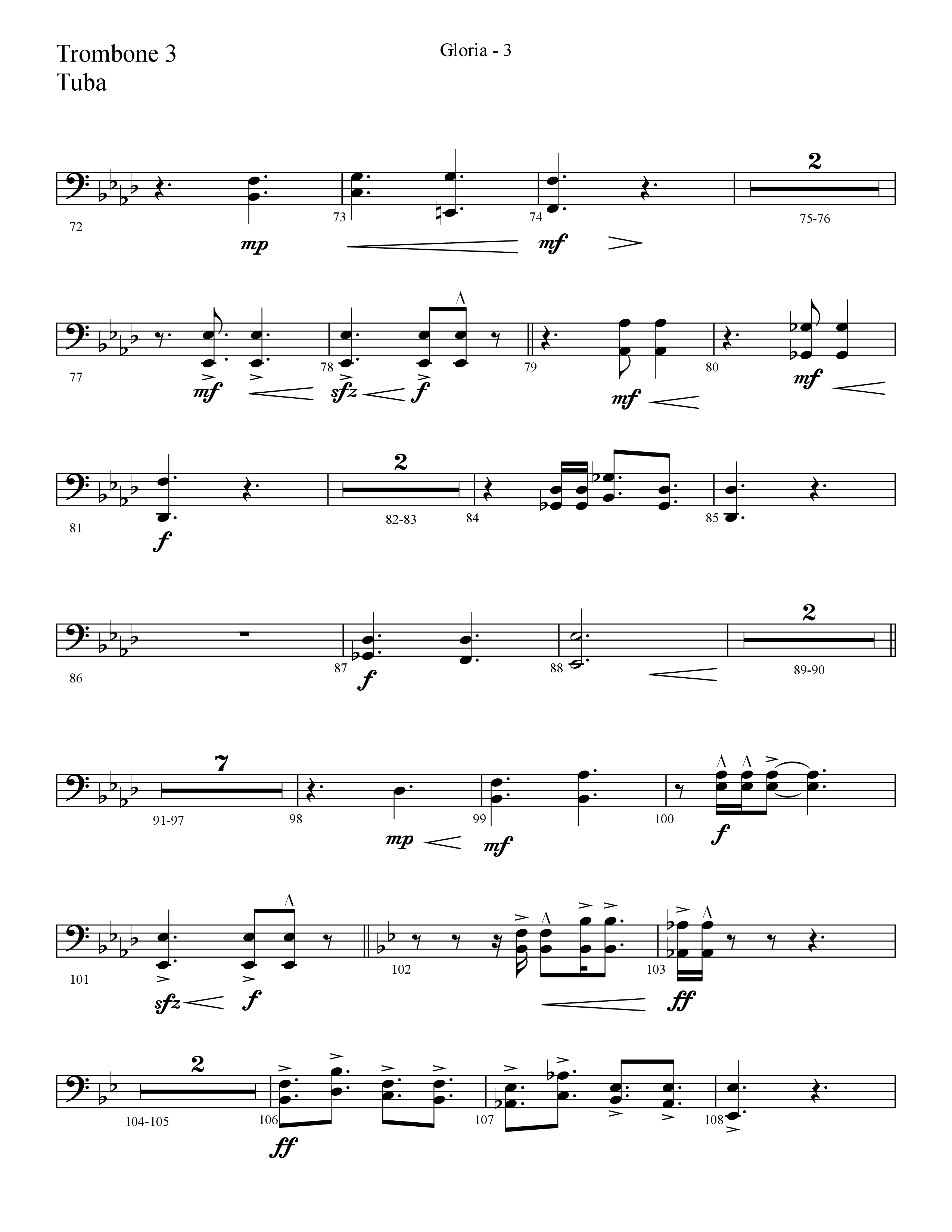 Gloria (Choral Anthem SATB) Trombone 3/Tuba (Lifeway Choral / Arr. Cliff Duren)