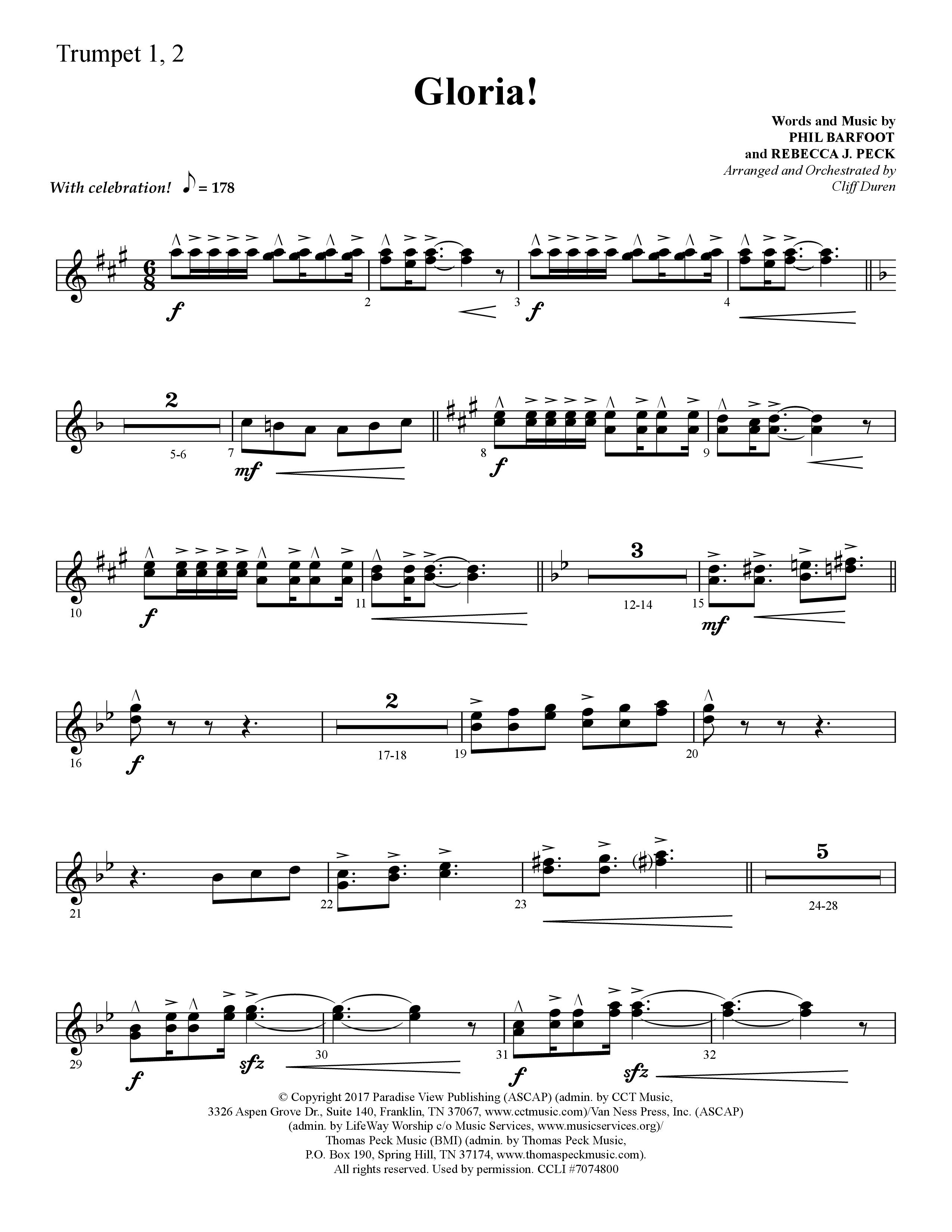 Gloria (Choral Anthem SATB) Trumpet 1,2 (Lifeway Choral / Arr. Cliff Duren)