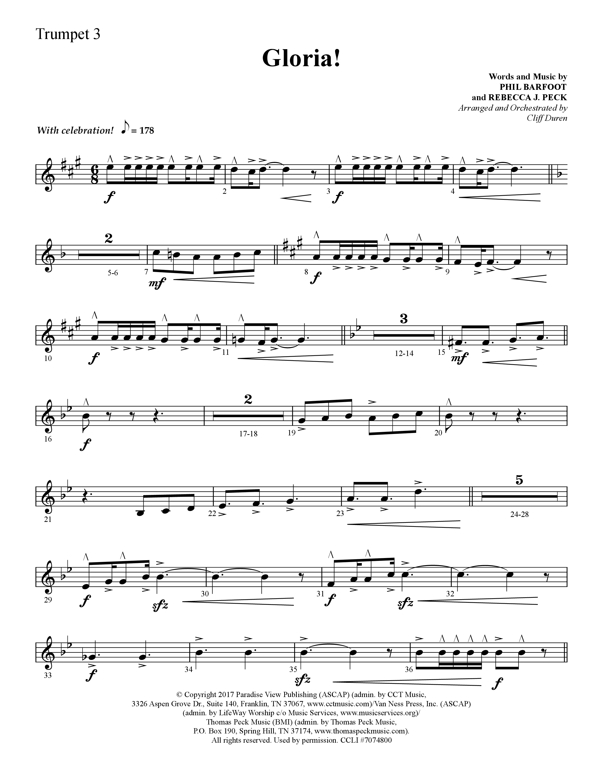 Gloria (Choral Anthem SATB) Trumpet 3 (Lifeway Choral / Arr. Cliff Duren)