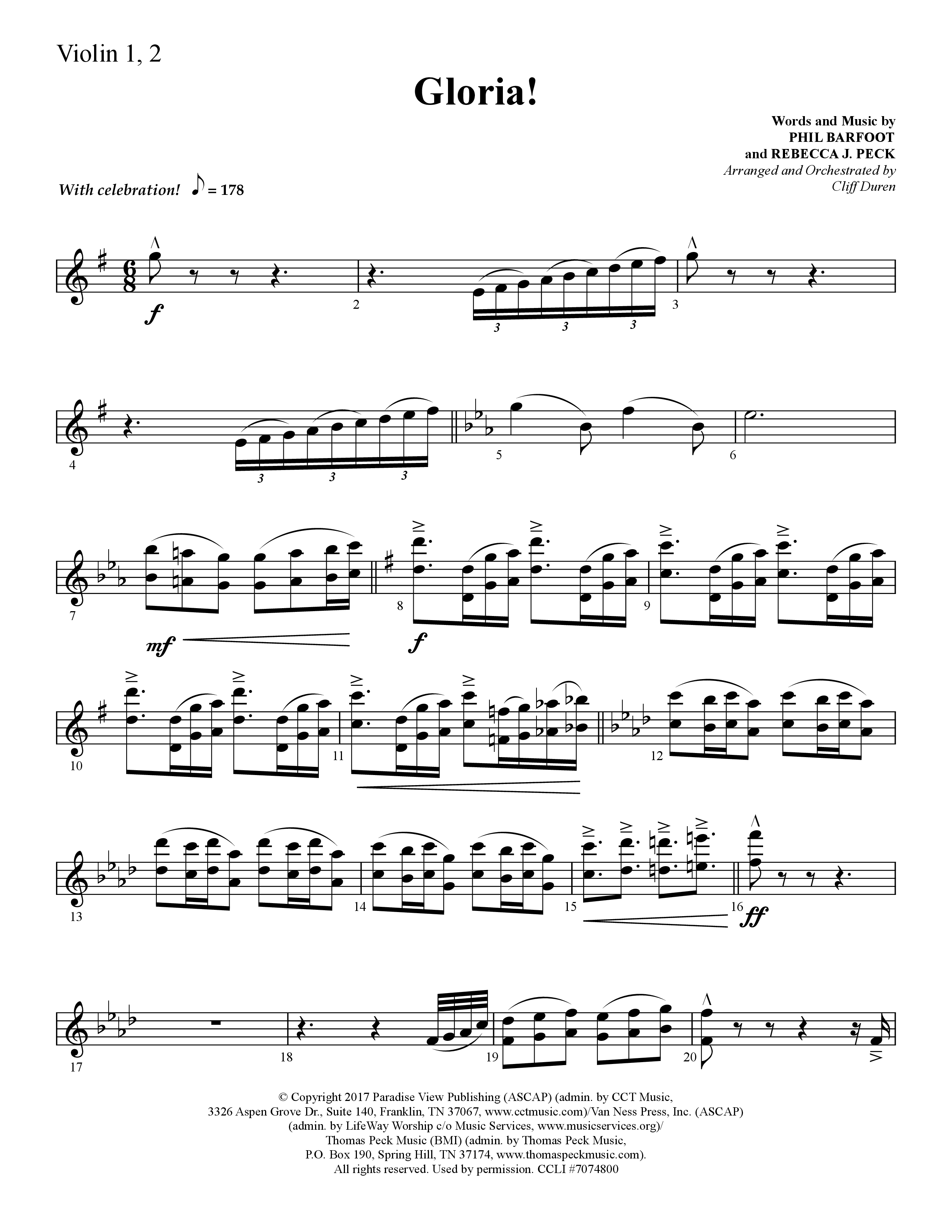 Gloria (Choral Anthem SATB) Violin 1/2 (Lifeway Choral / Arr. Cliff Duren)
