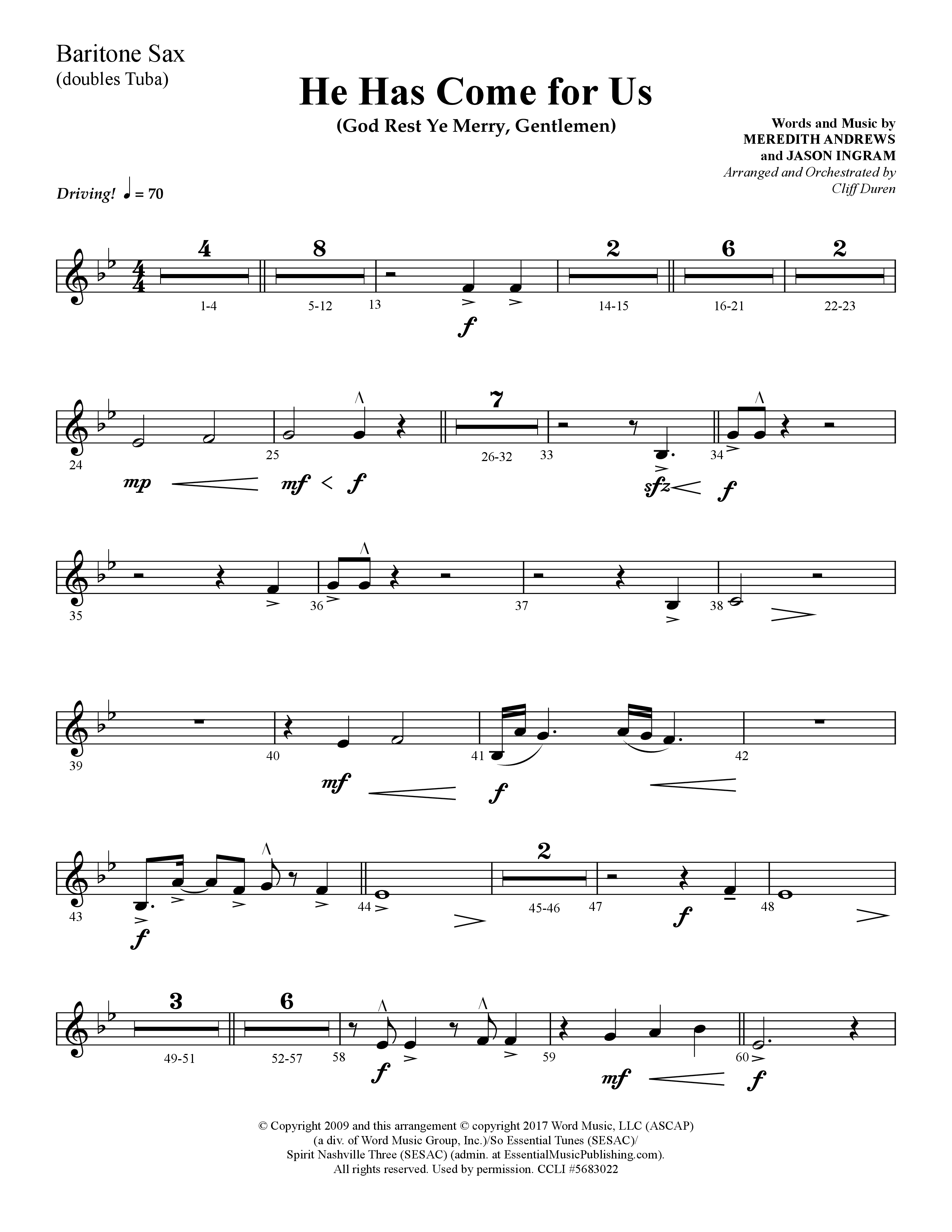 He Has Come For Us (God Rest Ye Merry Gentlemen) (Choral Anthem SATB) Bari Sax (Lifeway Choral / Arr. Cliff Duren)