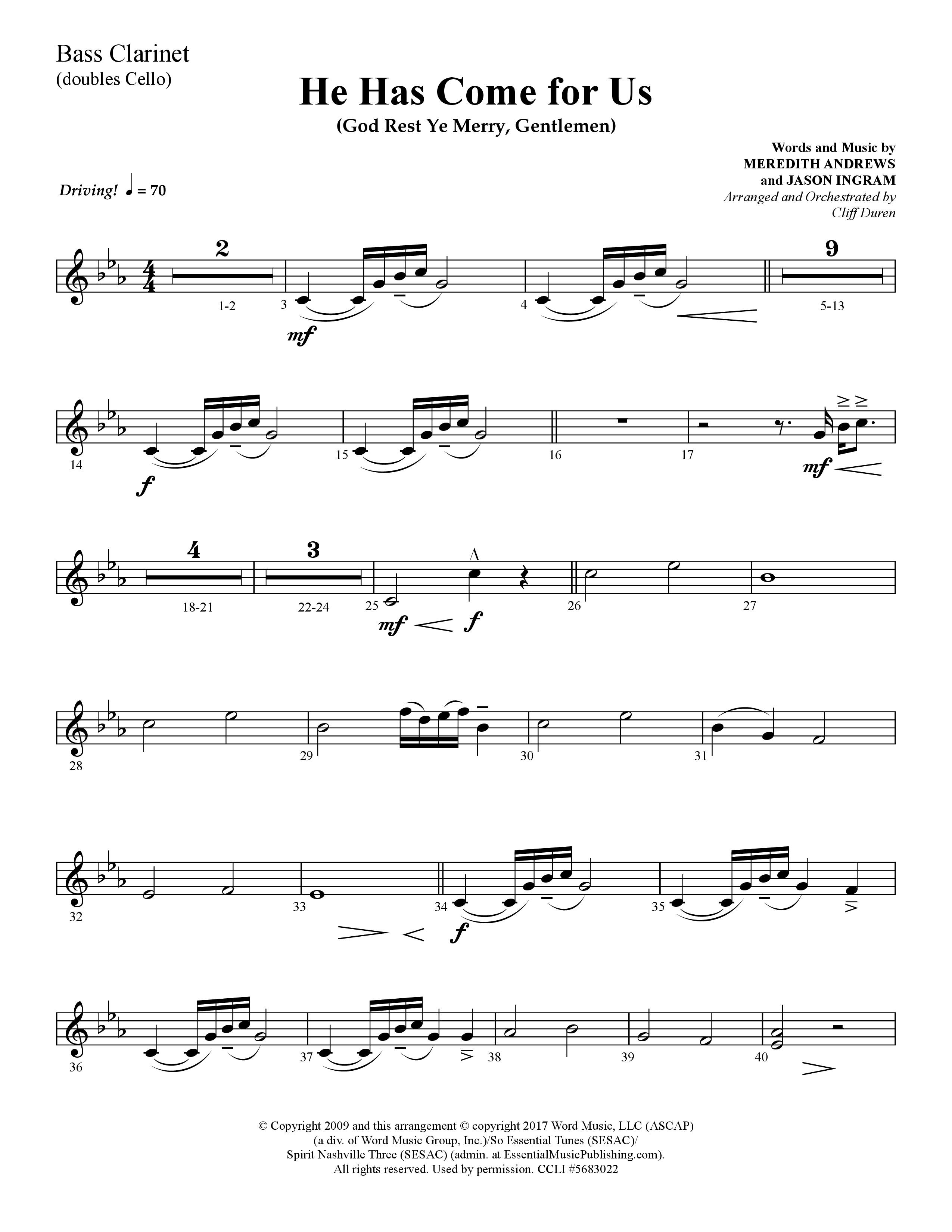 He Has Come For Us (God Rest Ye Merry Gentlemen) (Choral Anthem SATB) Bass Clarinet (Lifeway Choral / Arr. Cliff Duren)