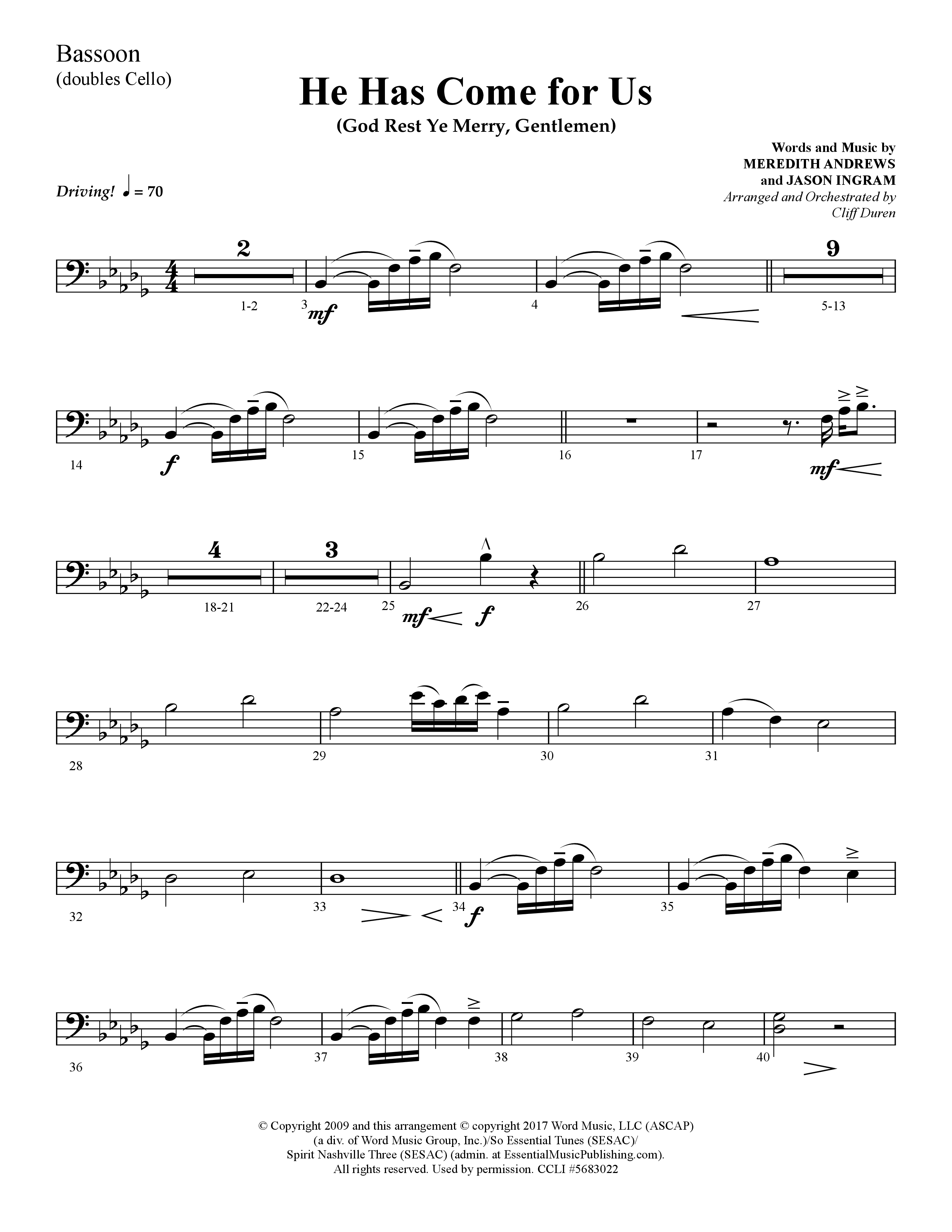 He Has Come For Us (God Rest Ye Merry Gentlemen) (Choral Anthem SATB) Bassoon (Lifeway Choral / Arr. Cliff Duren)