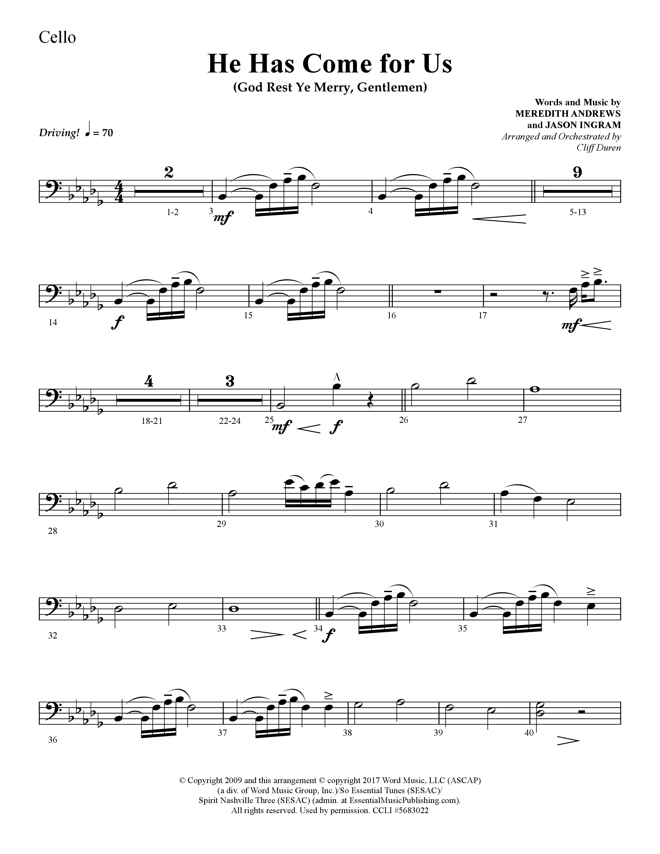 He Has Come For Us (God Rest Ye Merry Gentlemen) (Choral Anthem SATB) Cello (Lifeway Choral / Arr. Cliff Duren)