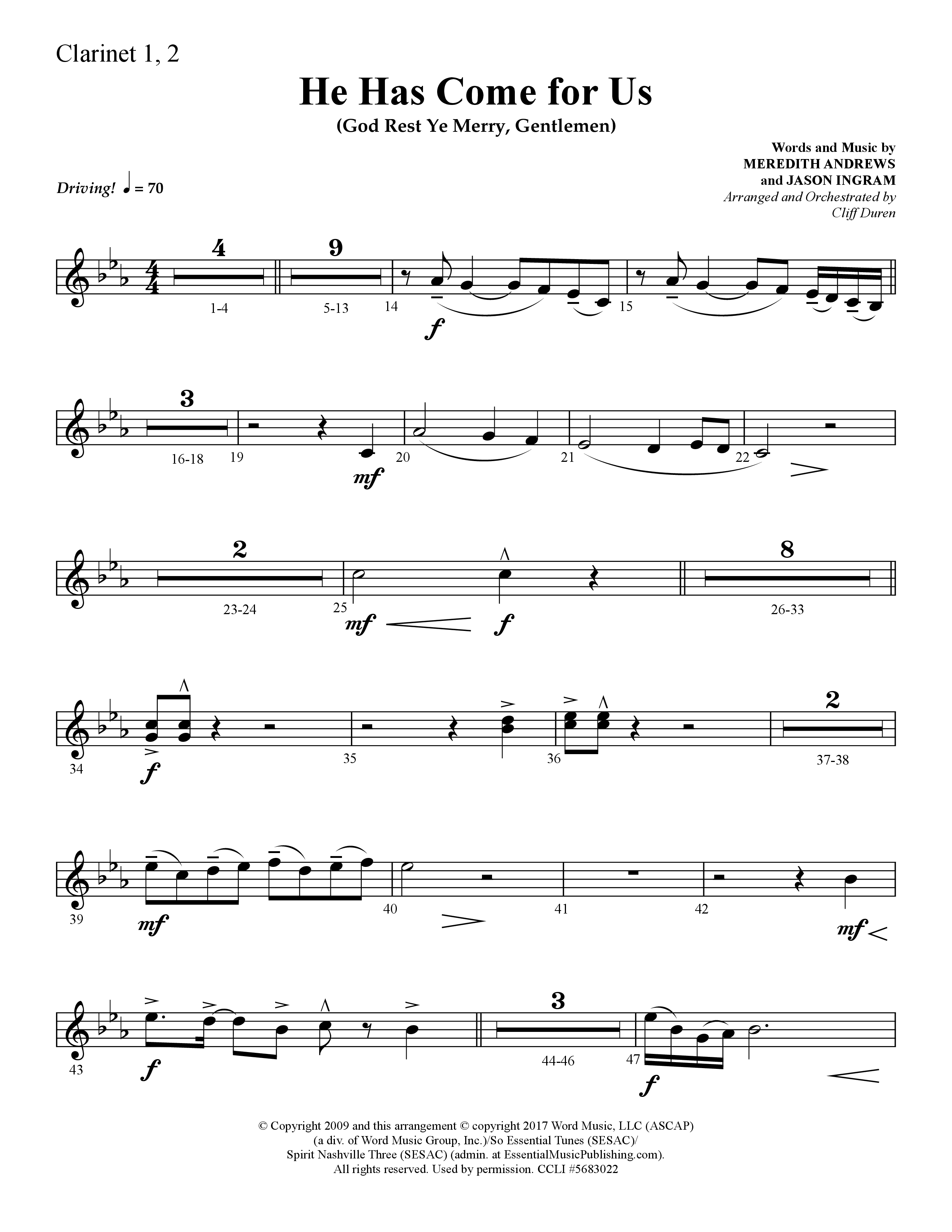 He Has Come For Us (God Rest Ye Merry Gentlemen) (Choral Anthem SATB) Clarinet 1/2 (Lifeway Choral / Arr. Cliff Duren)