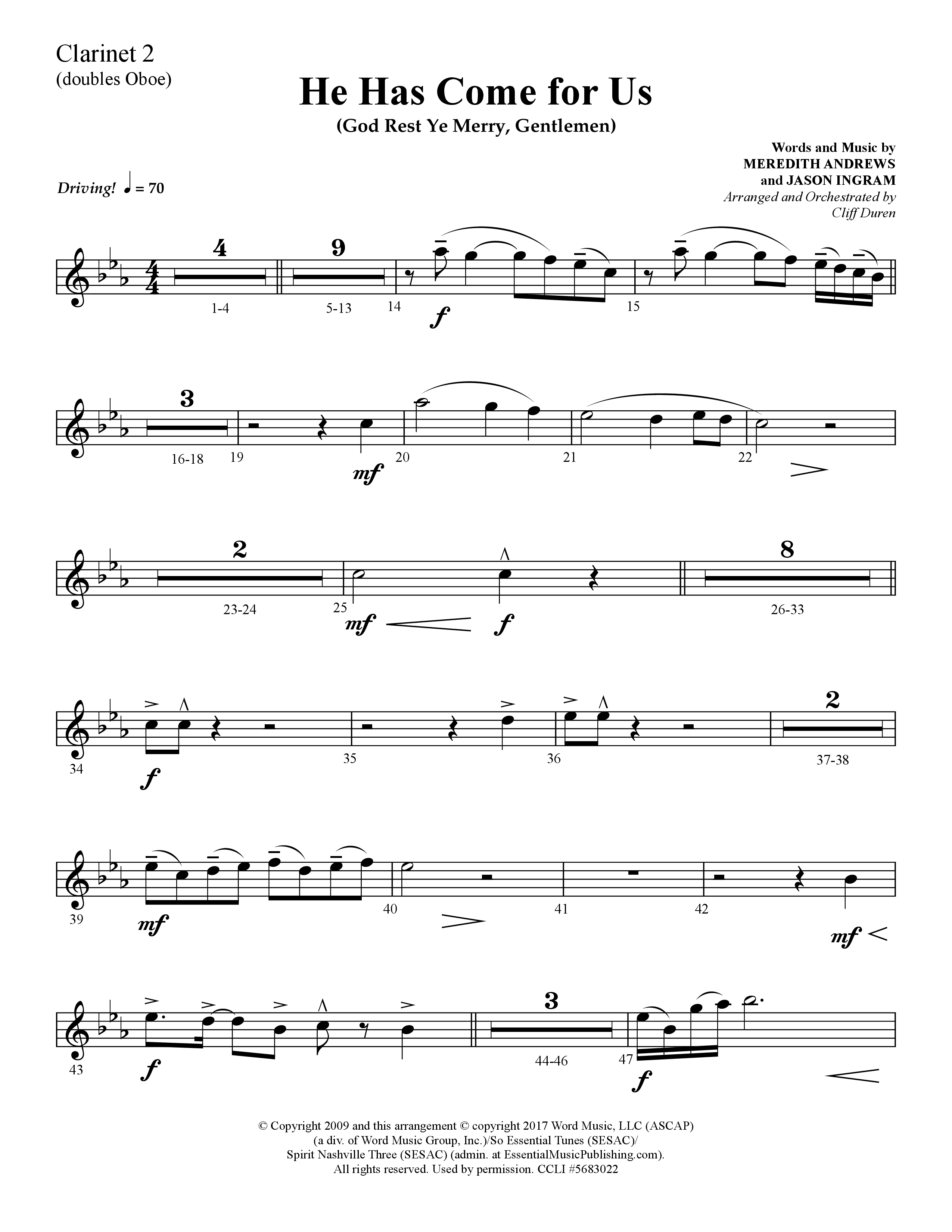 He Has Come For Us (God Rest Ye Merry Gentlemen) (Choral Anthem SATB) Clarinet 1/2 (Lifeway Choral / Arr. Cliff Duren)