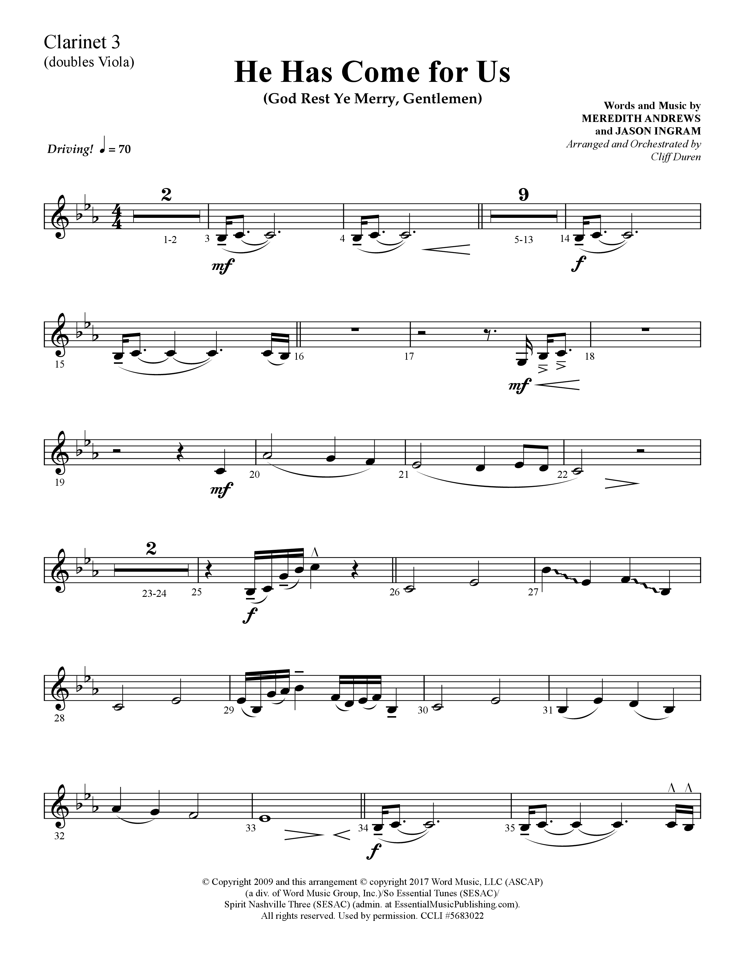 He Has Come For Us (God Rest Ye Merry Gentlemen) (Choral Anthem SATB) Clarinet 3 (Lifeway Choral / Arr. Cliff Duren)