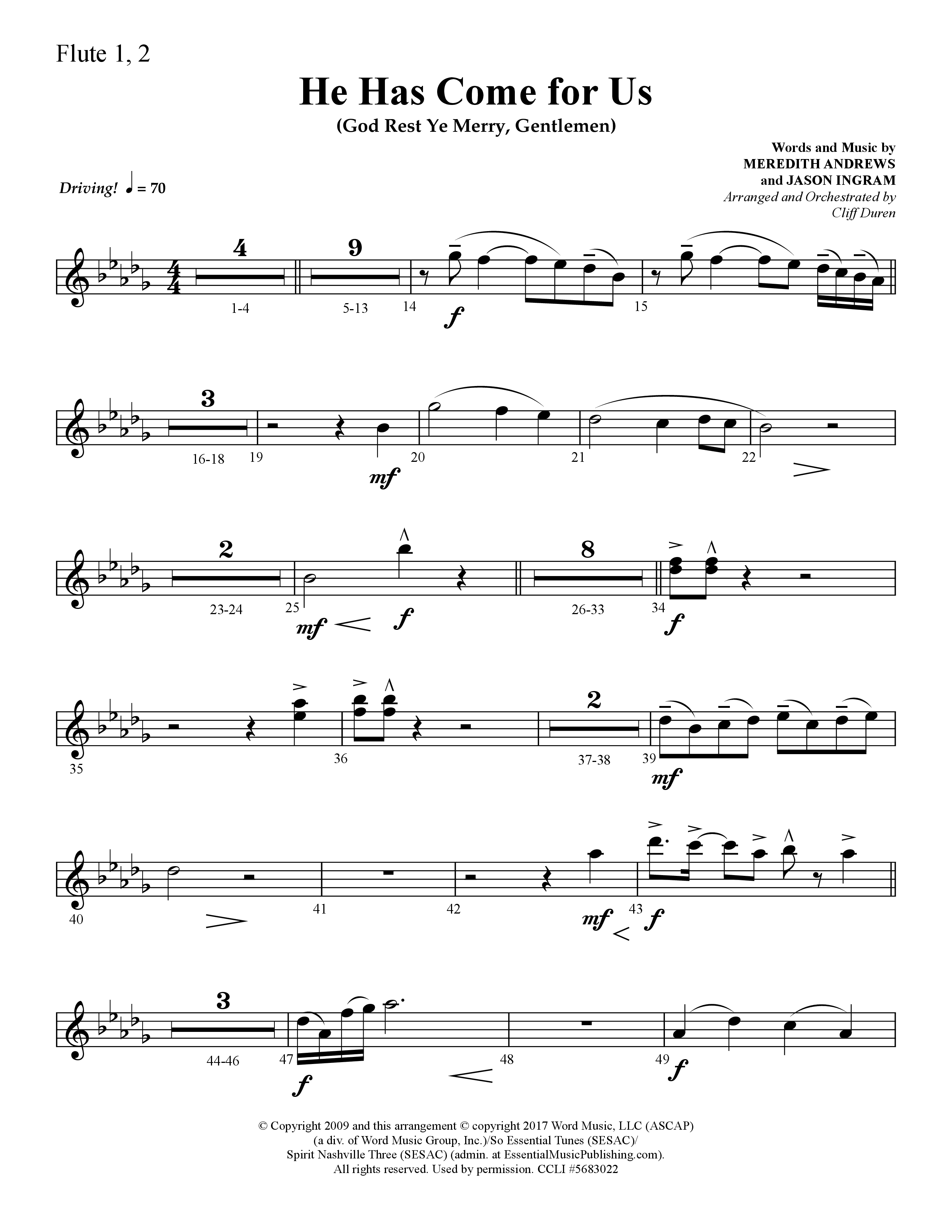 He Has Come For Us (God Rest Ye Merry Gentlemen) (Choral Anthem SATB) Flute 1/2 (Lifeway Choral / Arr. Cliff Duren)