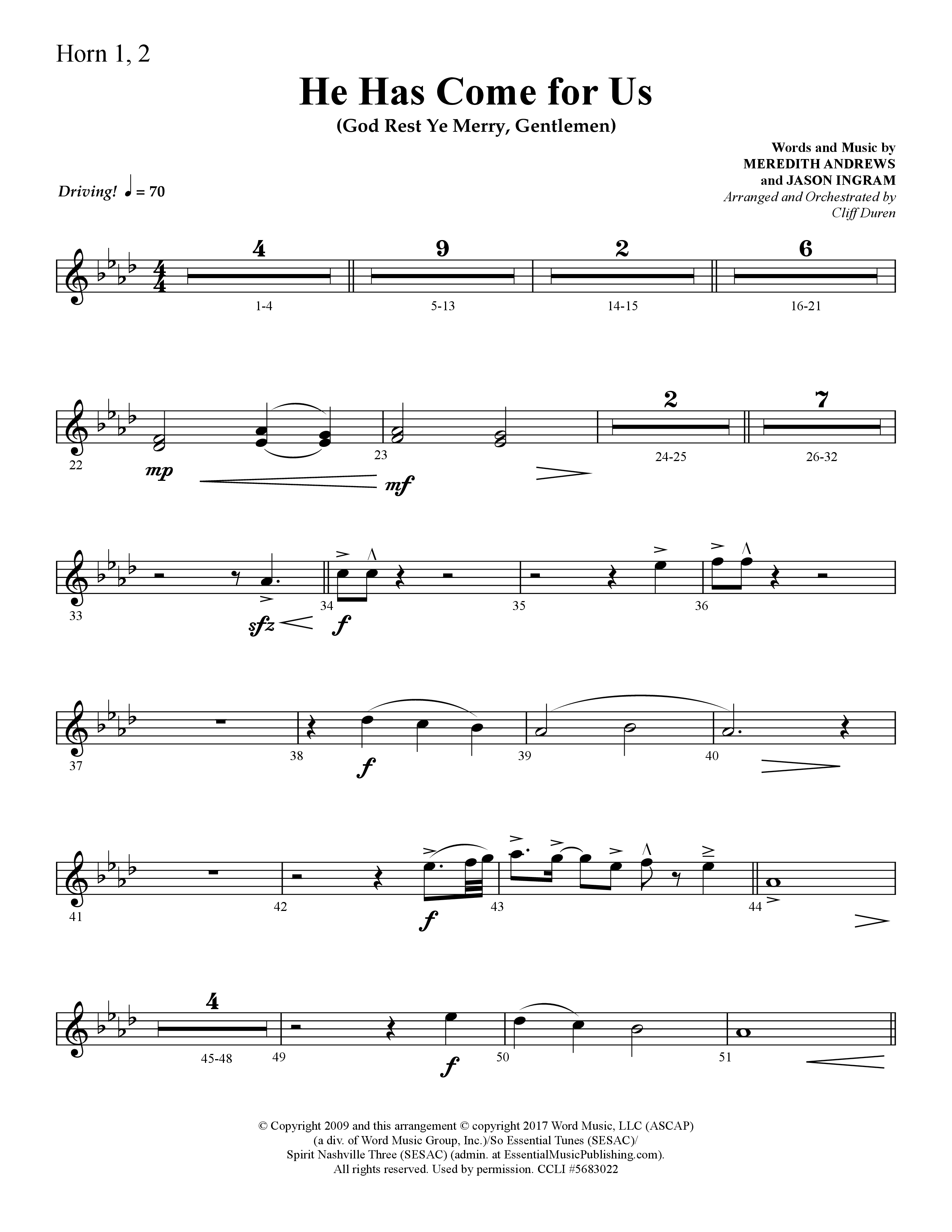 He Has Come For Us (God Rest Ye Merry Gentlemen) (Choral Anthem SATB) French Horn 1/2 (Lifeway Choral / Arr. Cliff Duren)