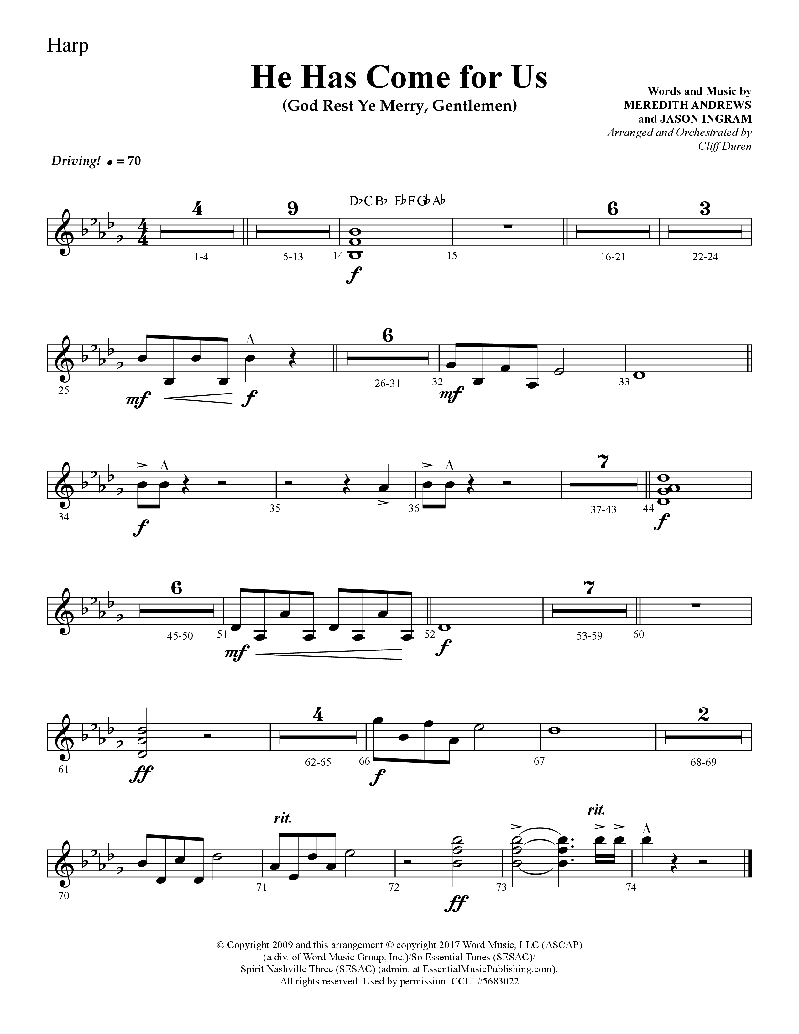 He Has Come For Us (God Rest Ye Merry Gentlemen) (Choral Anthem SATB) Harp (Lifeway Choral / Arr. Cliff Duren)