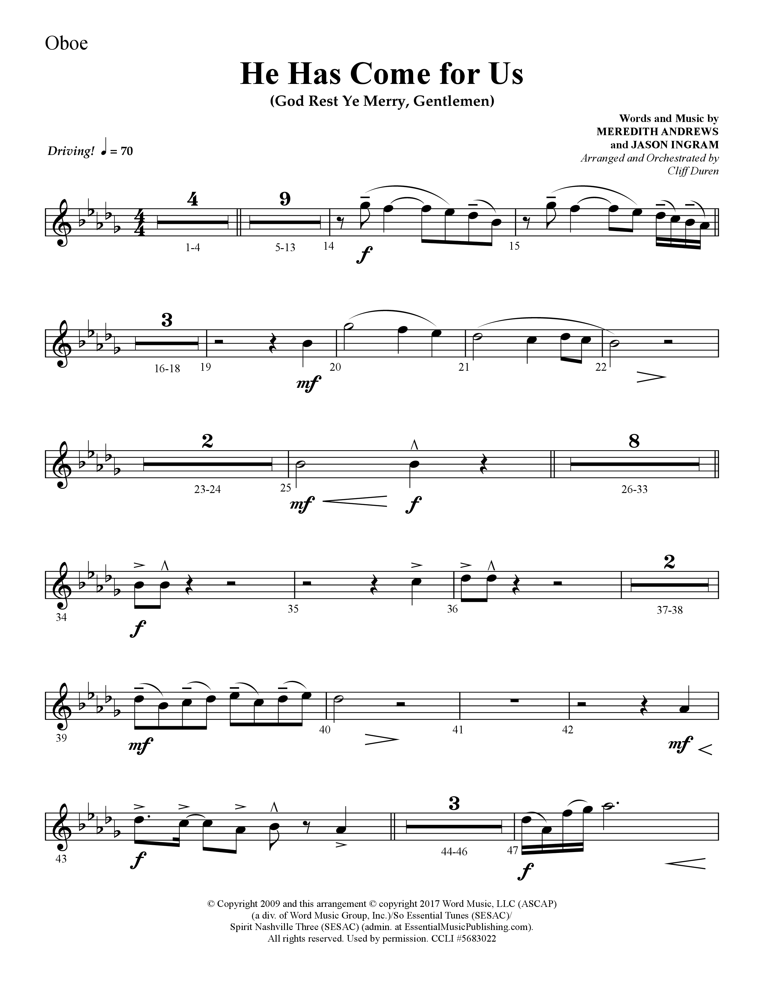 He Has Come For Us (God Rest Ye Merry Gentlemen) (Choral Anthem SATB) Oboe (Lifeway Choral / Arr. Cliff Duren)