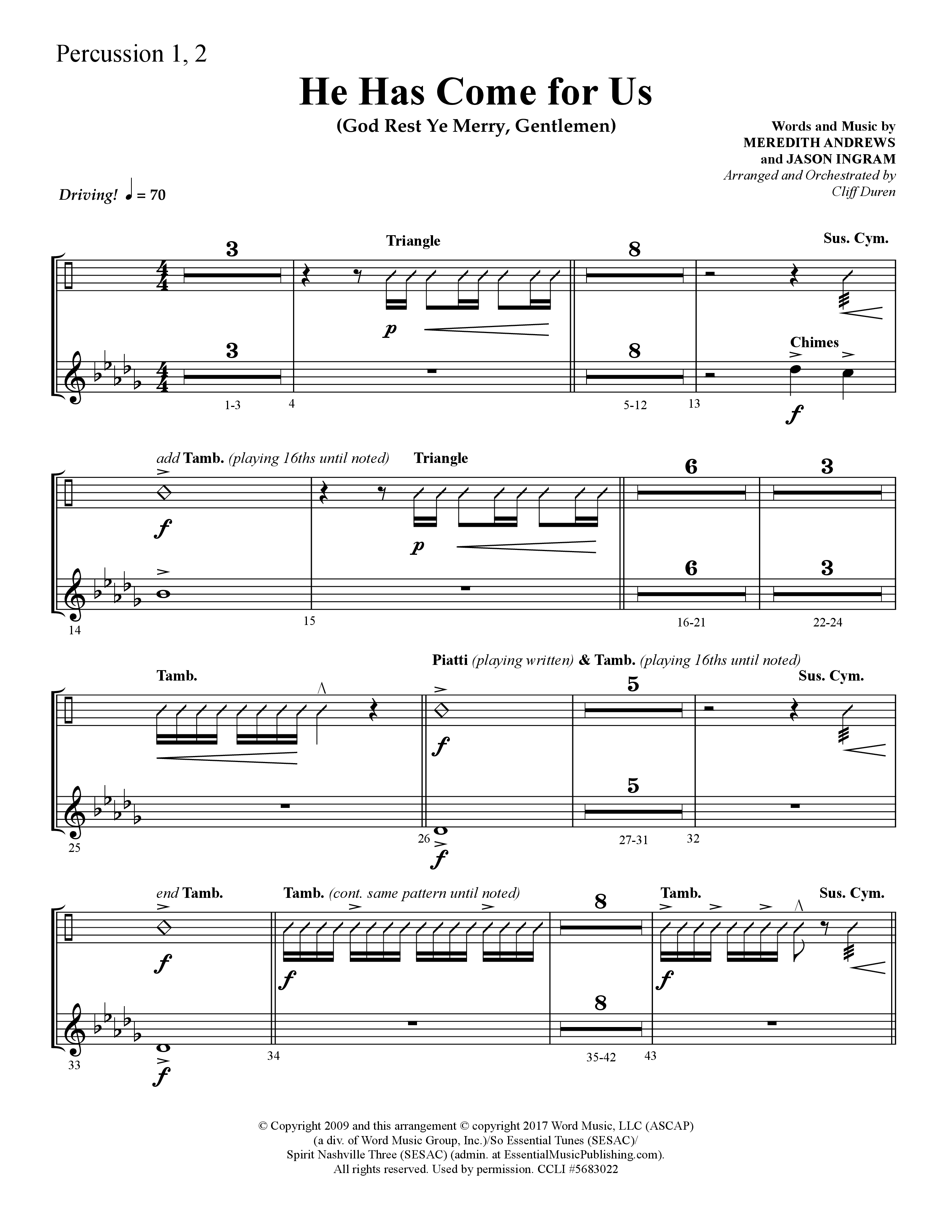 He Has Come For Us (God Rest Ye Merry Gentlemen) (Choral Anthem SATB) Percussion 1/2 (Lifeway Choral / Arr. Cliff Duren)