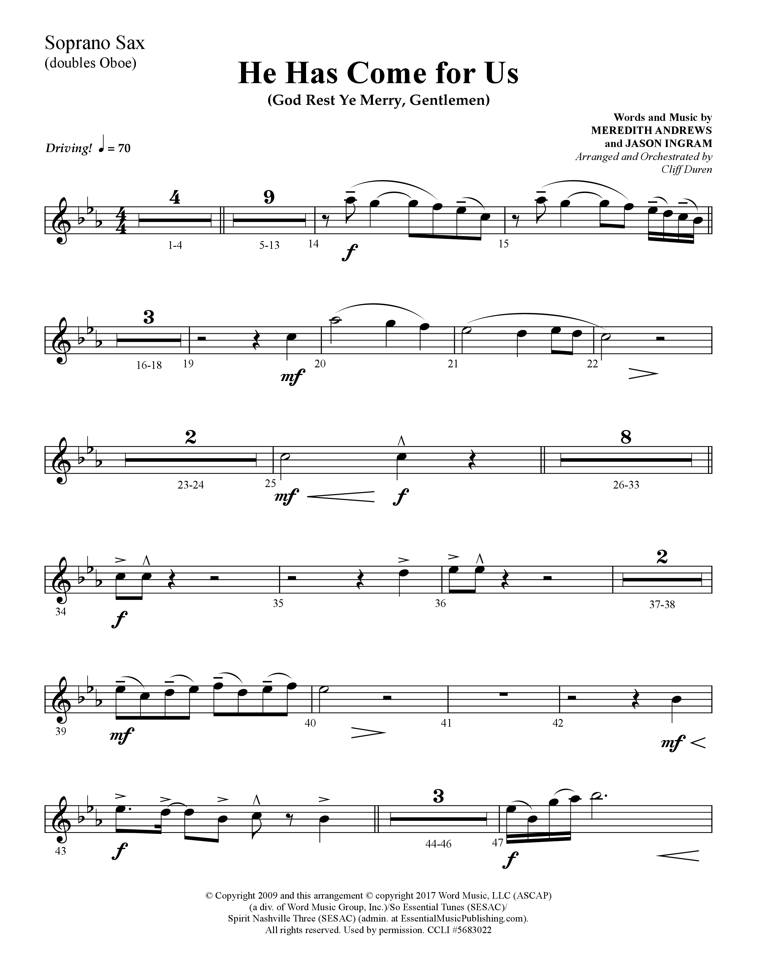 He Has Come For Us (God Rest Ye Merry Gentlemen) (Choral Anthem SATB) Soprano Sax (Lifeway Choral / Arr. Cliff Duren)