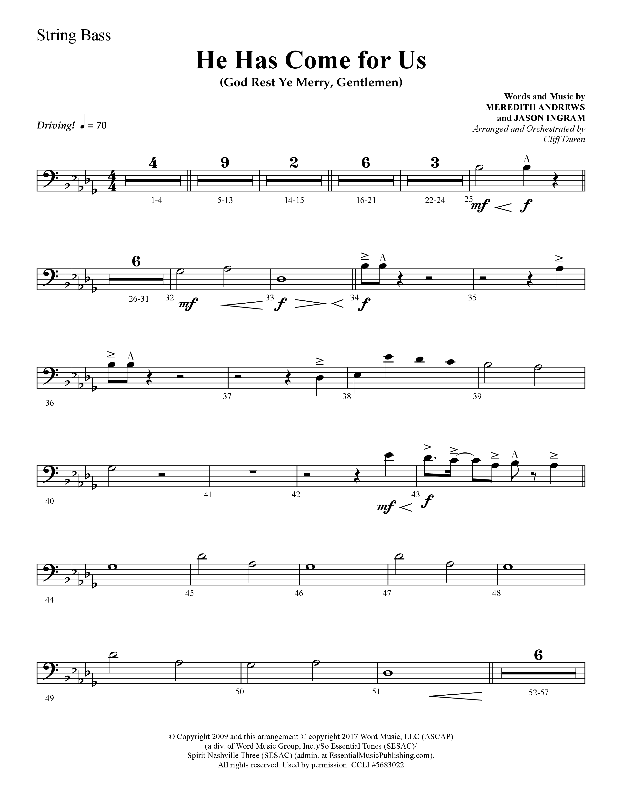 He Has Come For Us (God Rest Ye Merry Gentlemen) (Choral Anthem SATB) String Bass (Lifeway Choral / Arr. Cliff Duren)