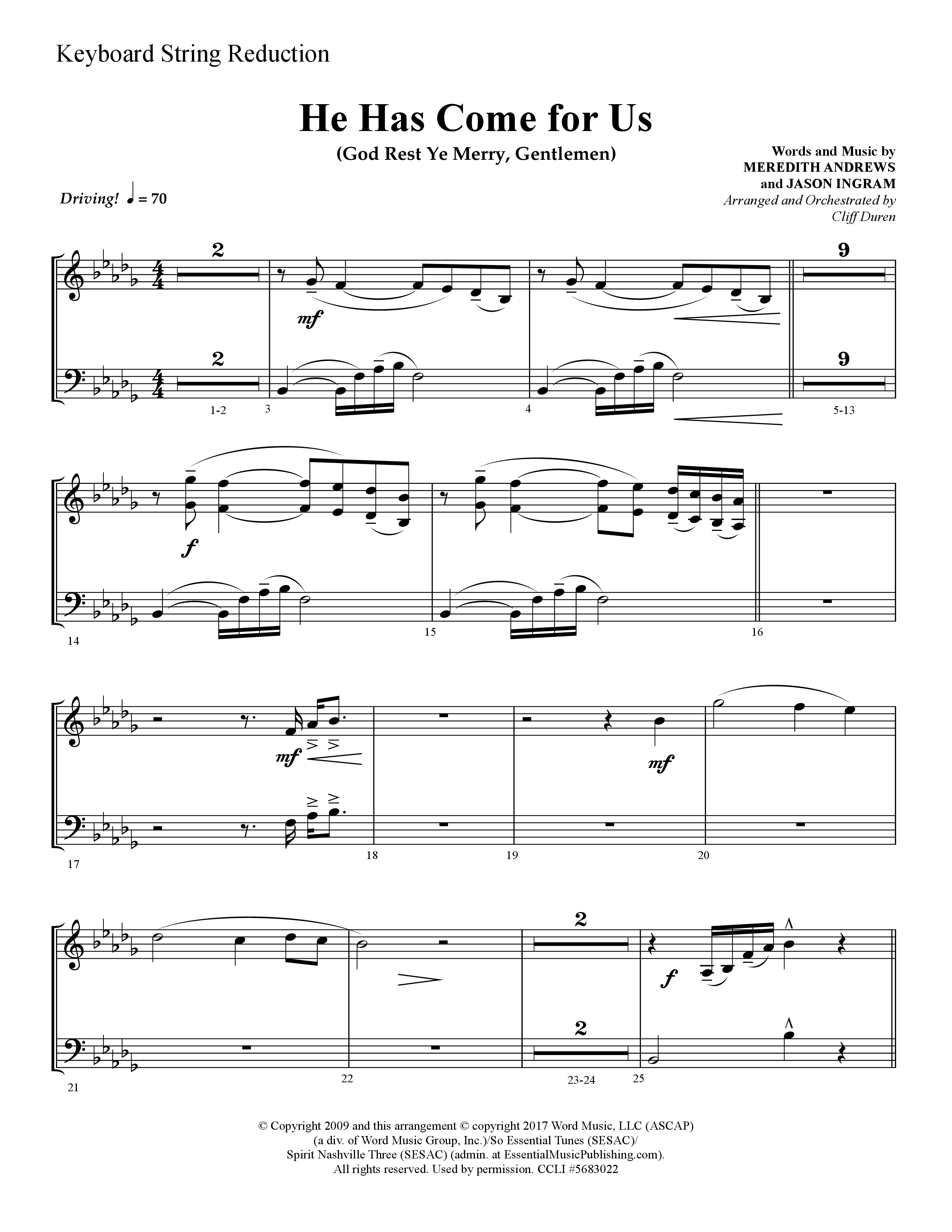 He Has Come For Us (God Rest Ye Merry Gentlemen) (Choral Anthem SATB) String Reduction (Lifeway Choral / Arr. Cliff Duren)