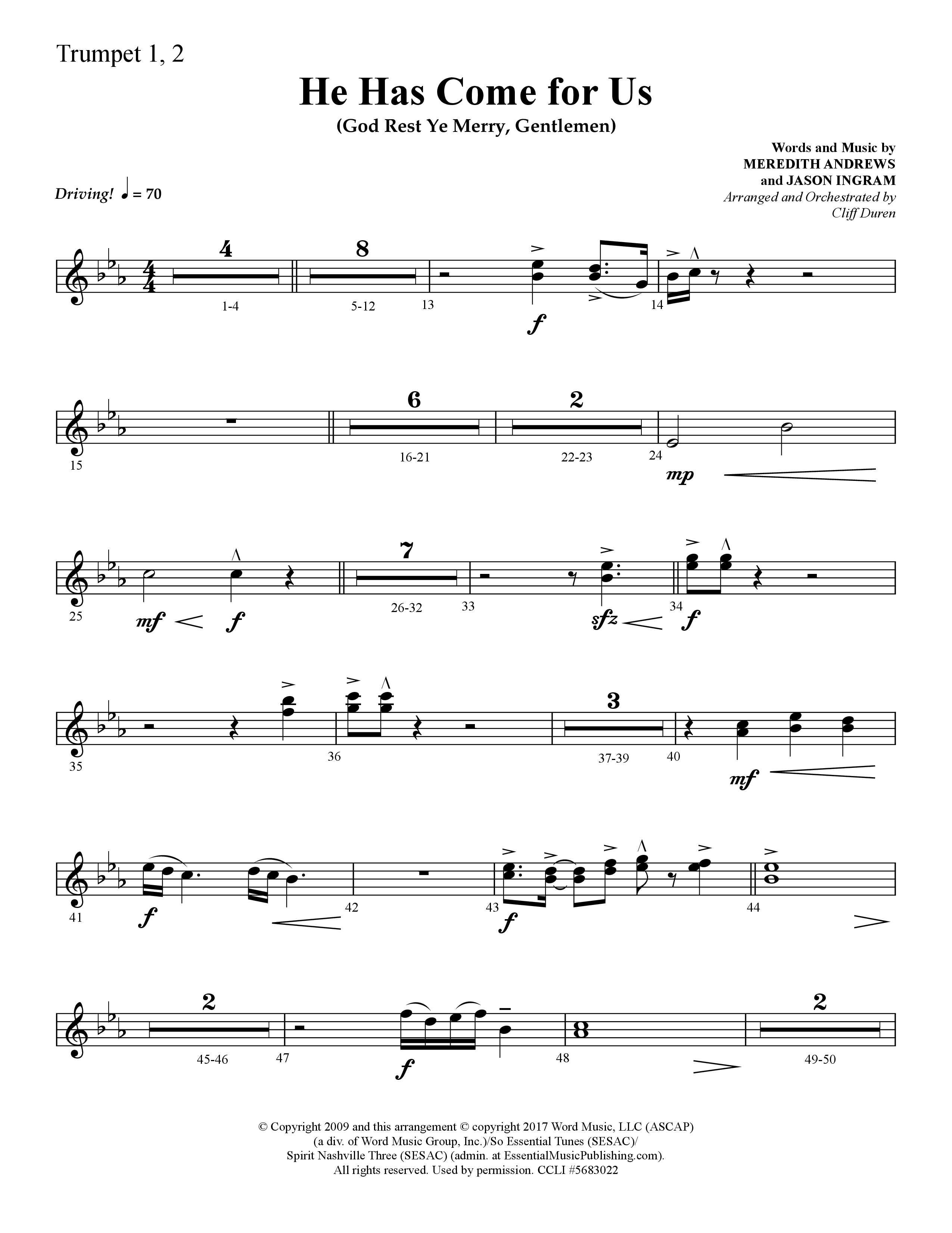 He Has Come For Us (God Rest Ye Merry Gentlemen) (Choral Anthem SATB) Trumpet 1,2 (Lifeway Choral / Arr. Cliff Duren)