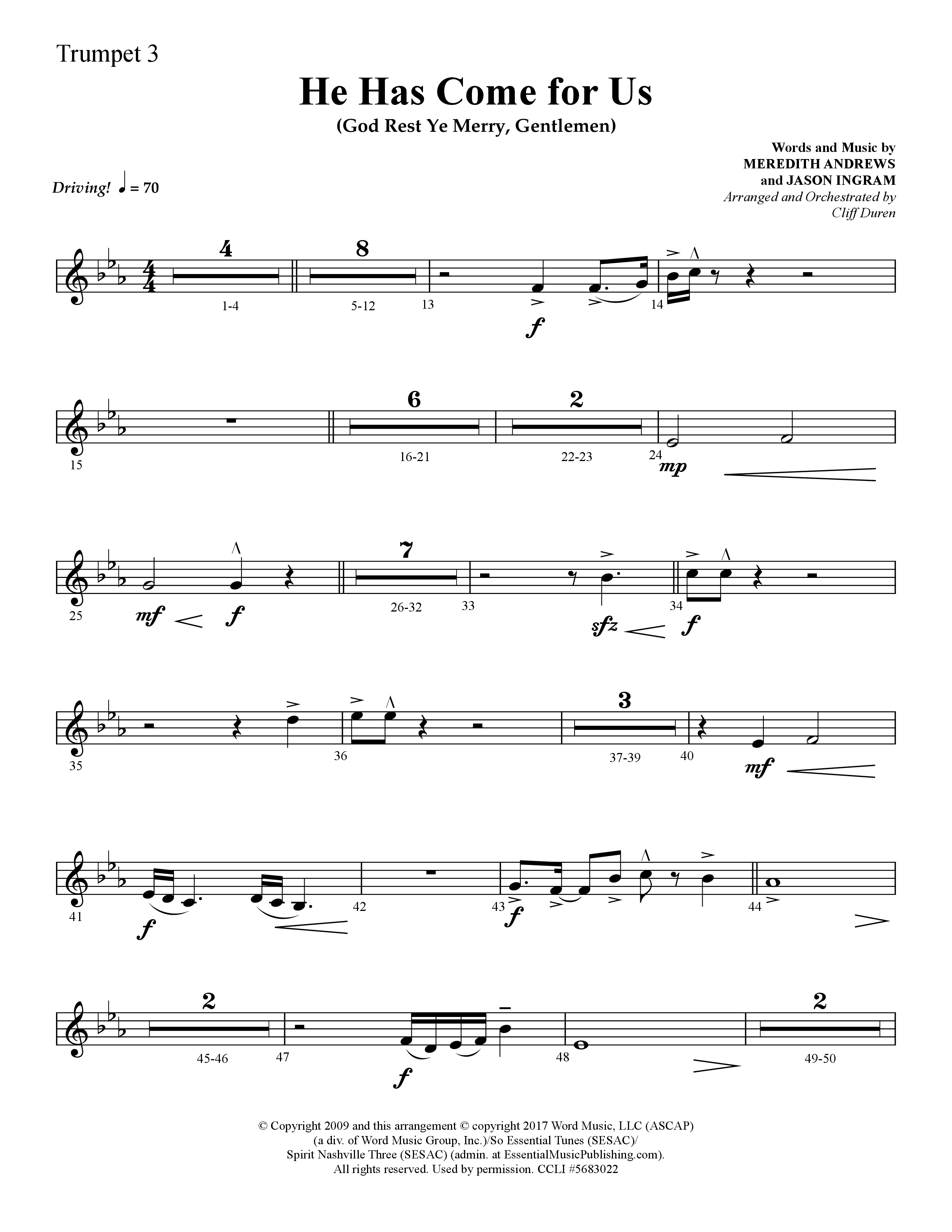 He Has Come For Us (God Rest Ye Merry Gentlemen) (Choral Anthem SATB) Trumpet 3 (Lifeway Choral / Arr. Cliff Duren)