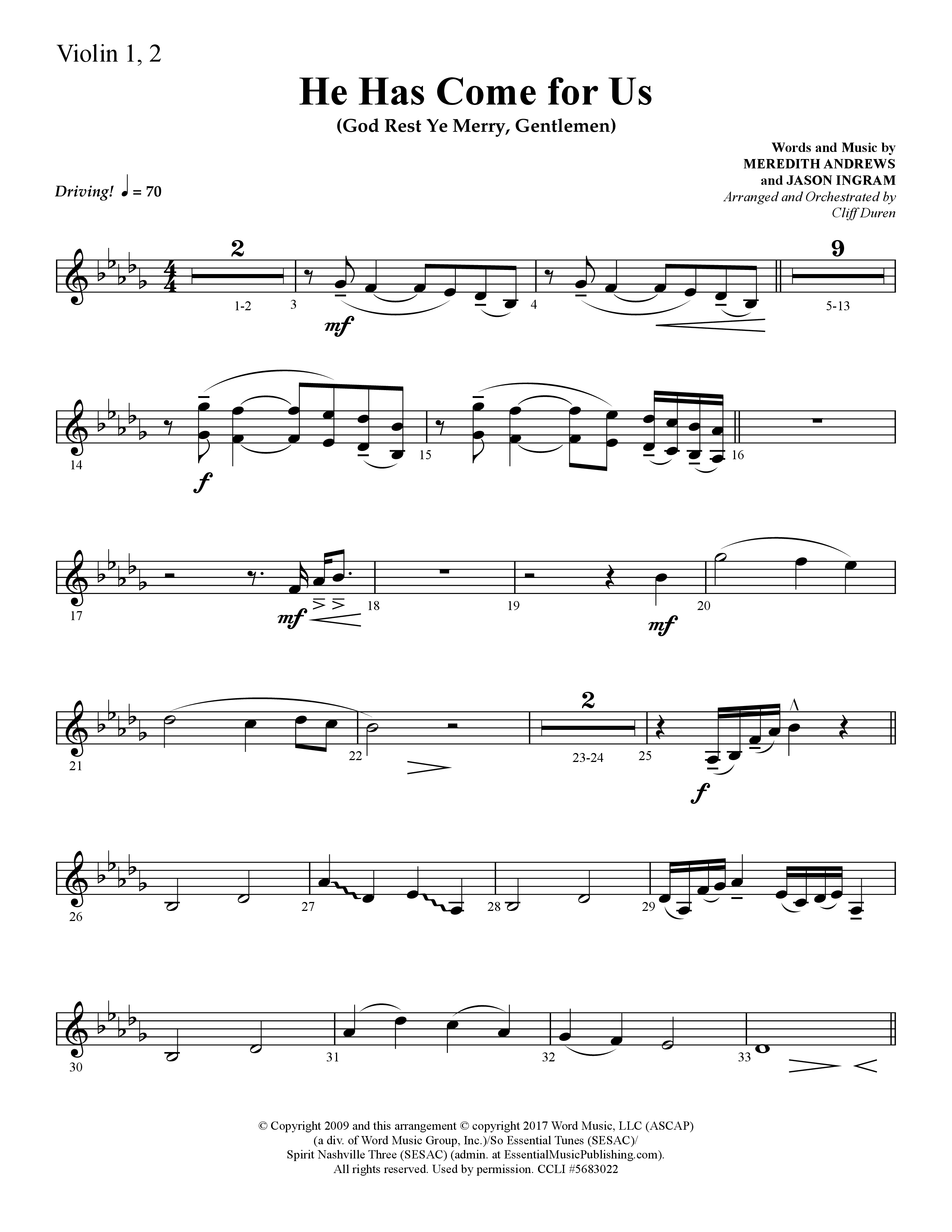 He Has Come For Us (God Rest Ye Merry Gentlemen) (Choral Anthem SATB) Violin 1/2 (Lifeway Choral / Arr. Cliff Duren)