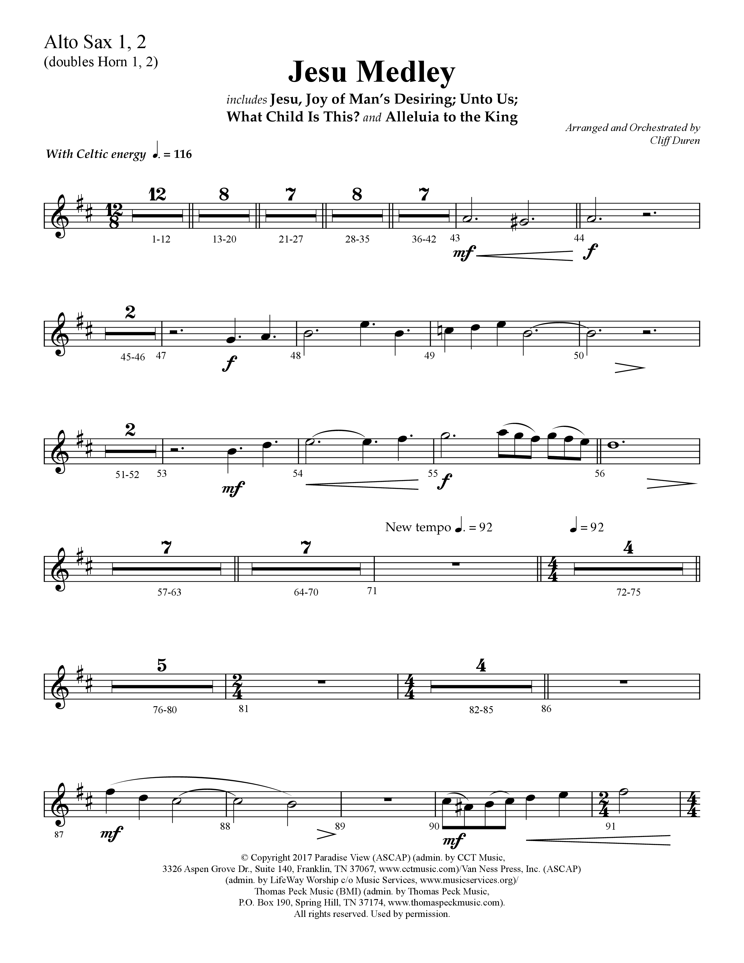 Jesu Medley (with Jesu Joy Of Man’s Desiring, Unto Us, What Child Is This, Alleluia To The King (Choral Anthem SATB) Alto Sax 1/2 (Lifeway Choral / Arr. Cliff Duren)