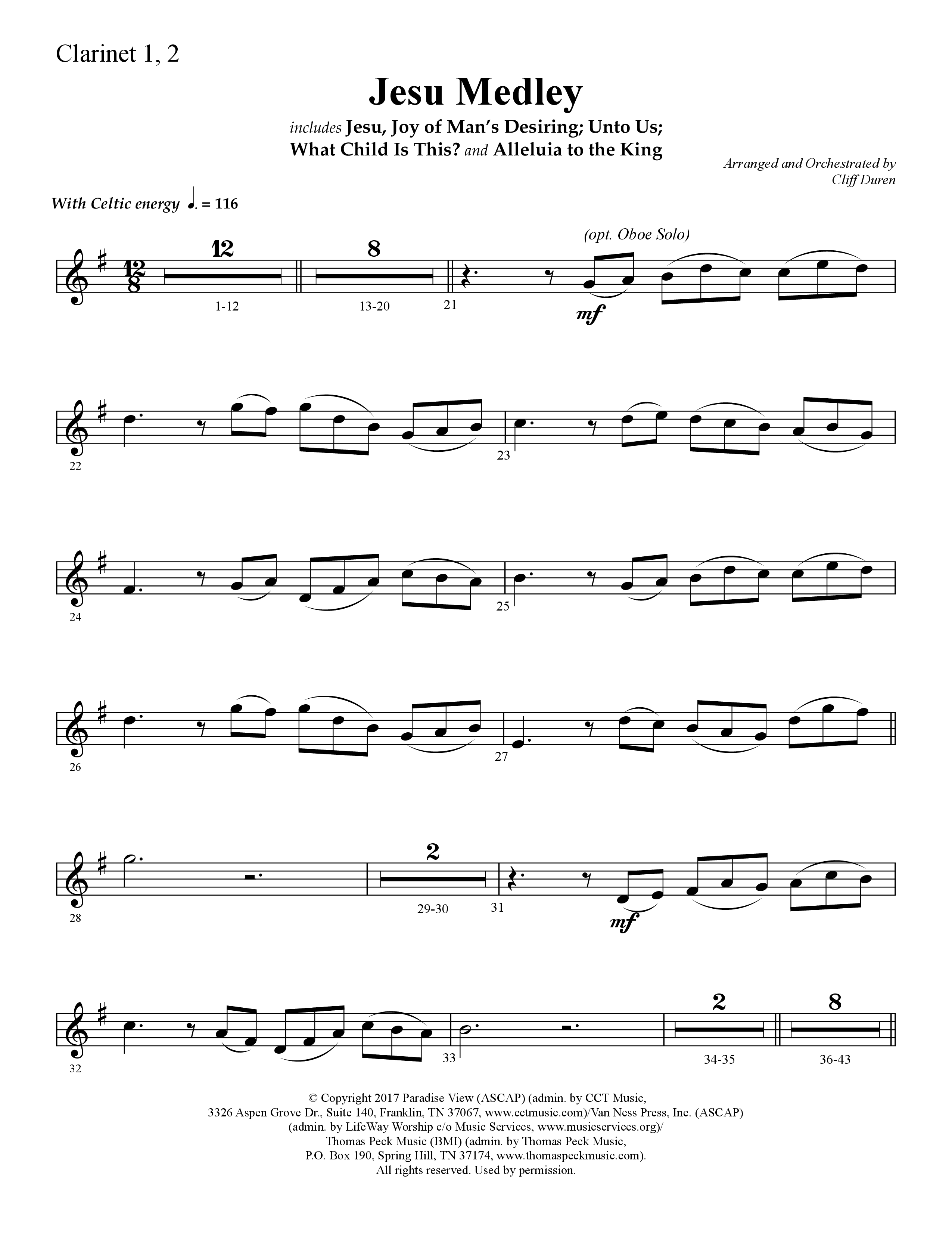 Jesu Medley (with Jesu Joy Of Man’s Desiring, Unto Us, What Child Is This, Alleluia To The King (Choral Anthem SATB) Clarinet 1/2 (Lifeway Choral / Arr. Cliff Duren)