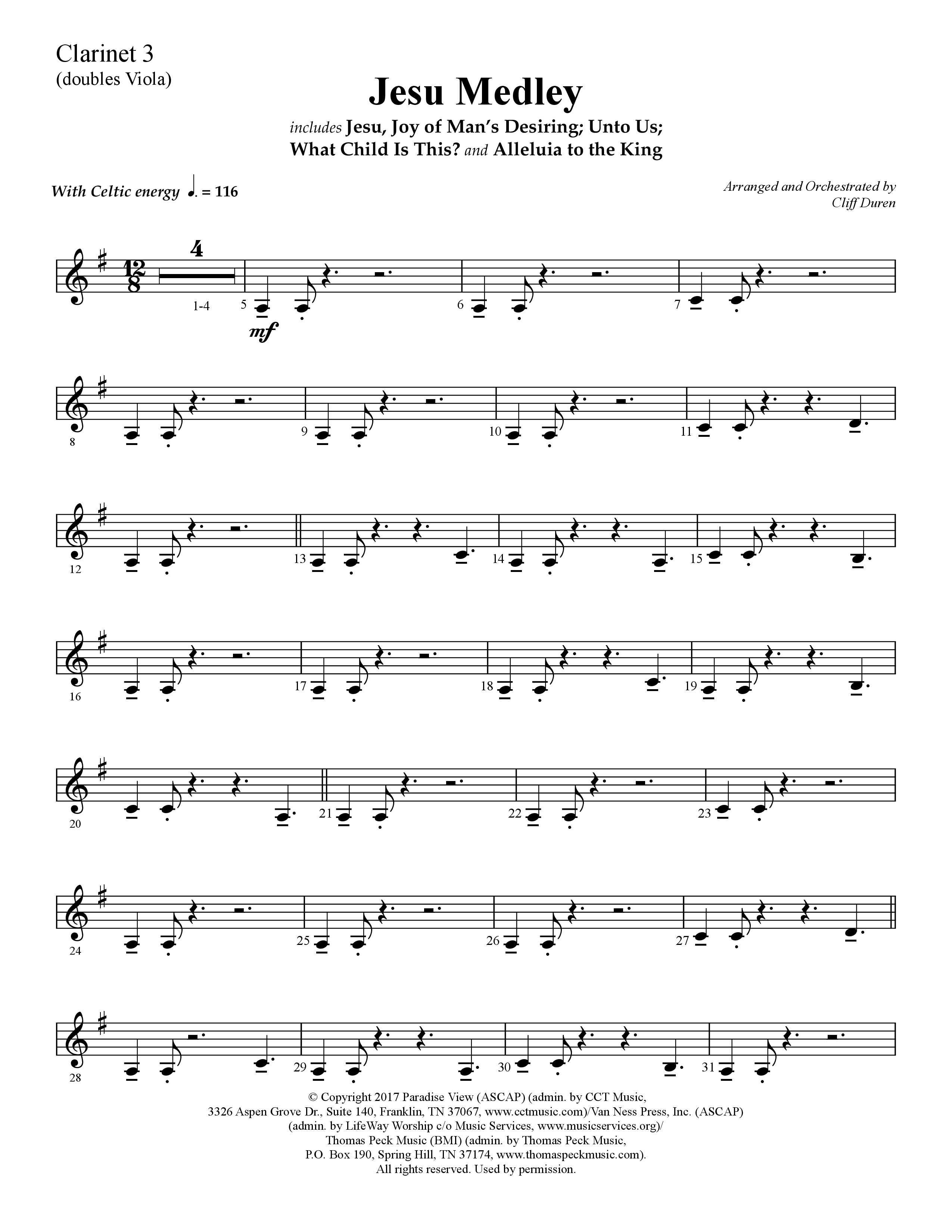 Jesu Medley (with Jesu Joy Of Man’s Desiring, Unto Us, What Child Is This, Alleluia To The King (Choral Anthem SATB) Clarinet 3 (Lifeway Choral / Arr. Cliff Duren)