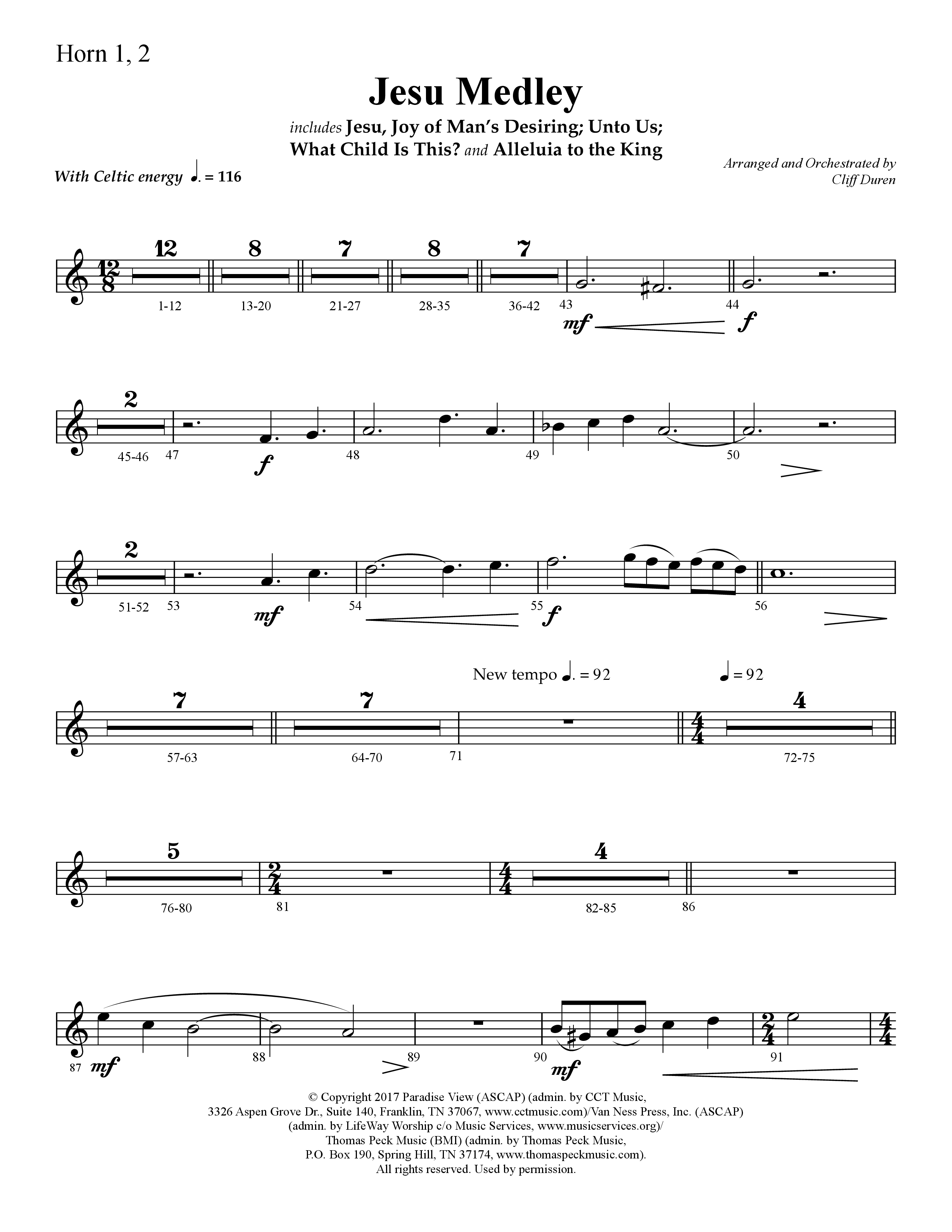 Jesu Medley (with Jesu Joy Of Man’s Desiring, Unto Us, What Child Is This, Alleluia To The King (Choral Anthem SATB) French Horn 1/2 (Lifeway Choral / Arr. Cliff Duren)