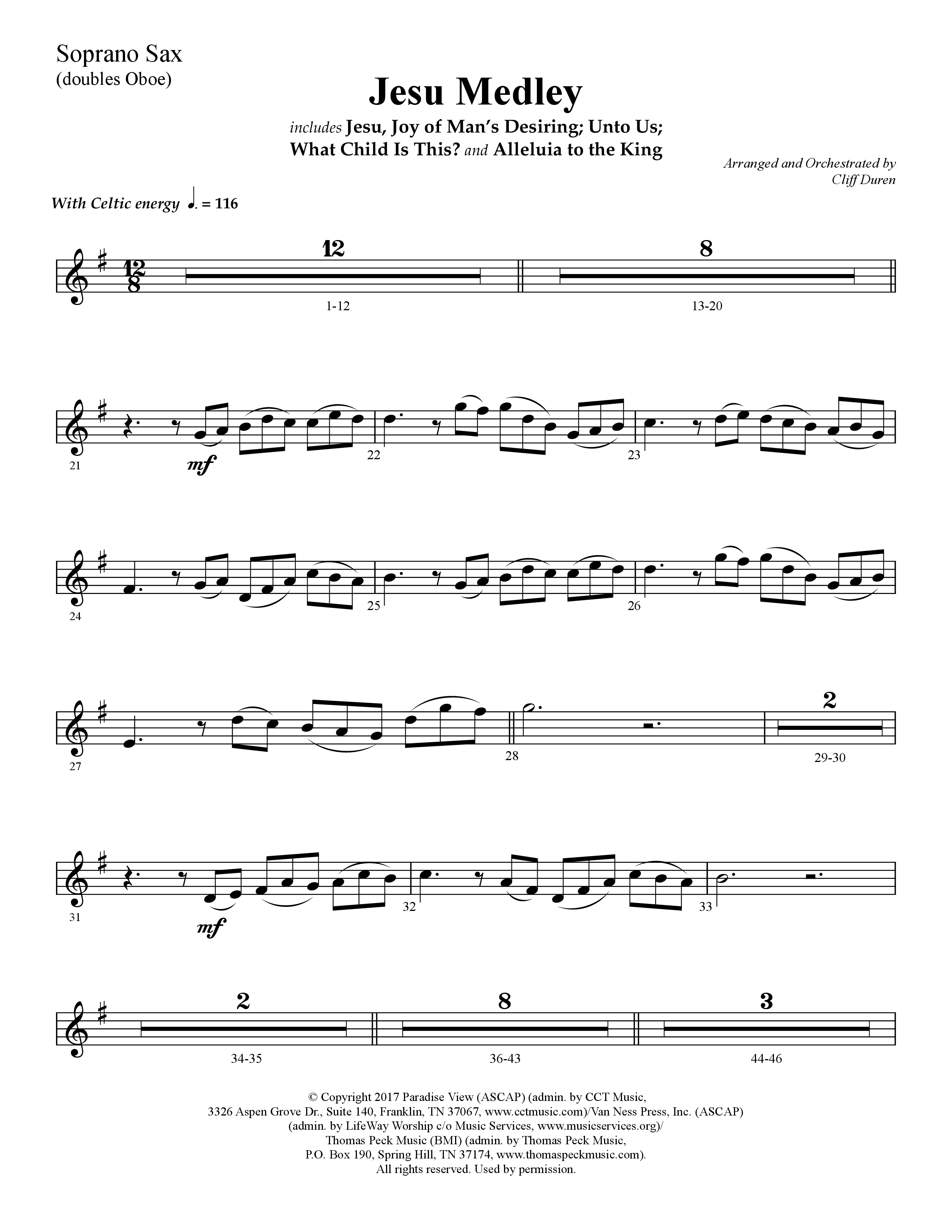 Jesu Medley (with Jesu Joy Of Man’s Desiring, Unto Us, What Child Is This, Alleluia To The King (Choral Anthem SATB) Soprano Sax (Lifeway Choral / Arr. Cliff Duren)