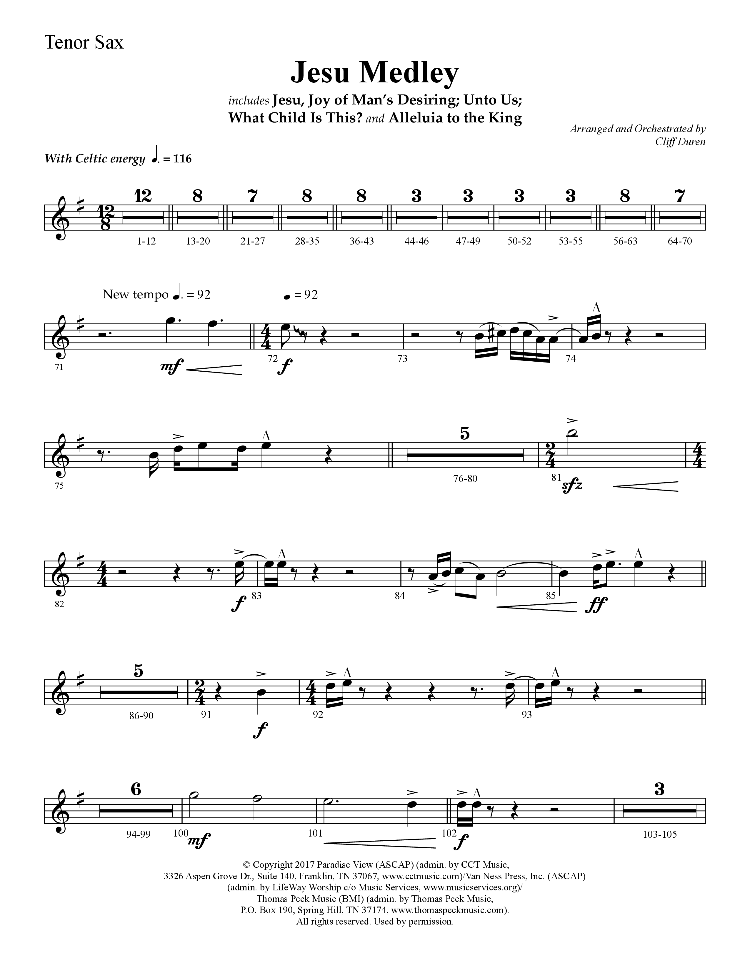 Jesu Medley (with Jesu Joy Of Man’s Desiring, Unto Us, What Child Is This, Alleluia To The King (Choral Anthem SATB) Tenor Sax 1 (Lifeway Choral / Arr. Cliff Duren)