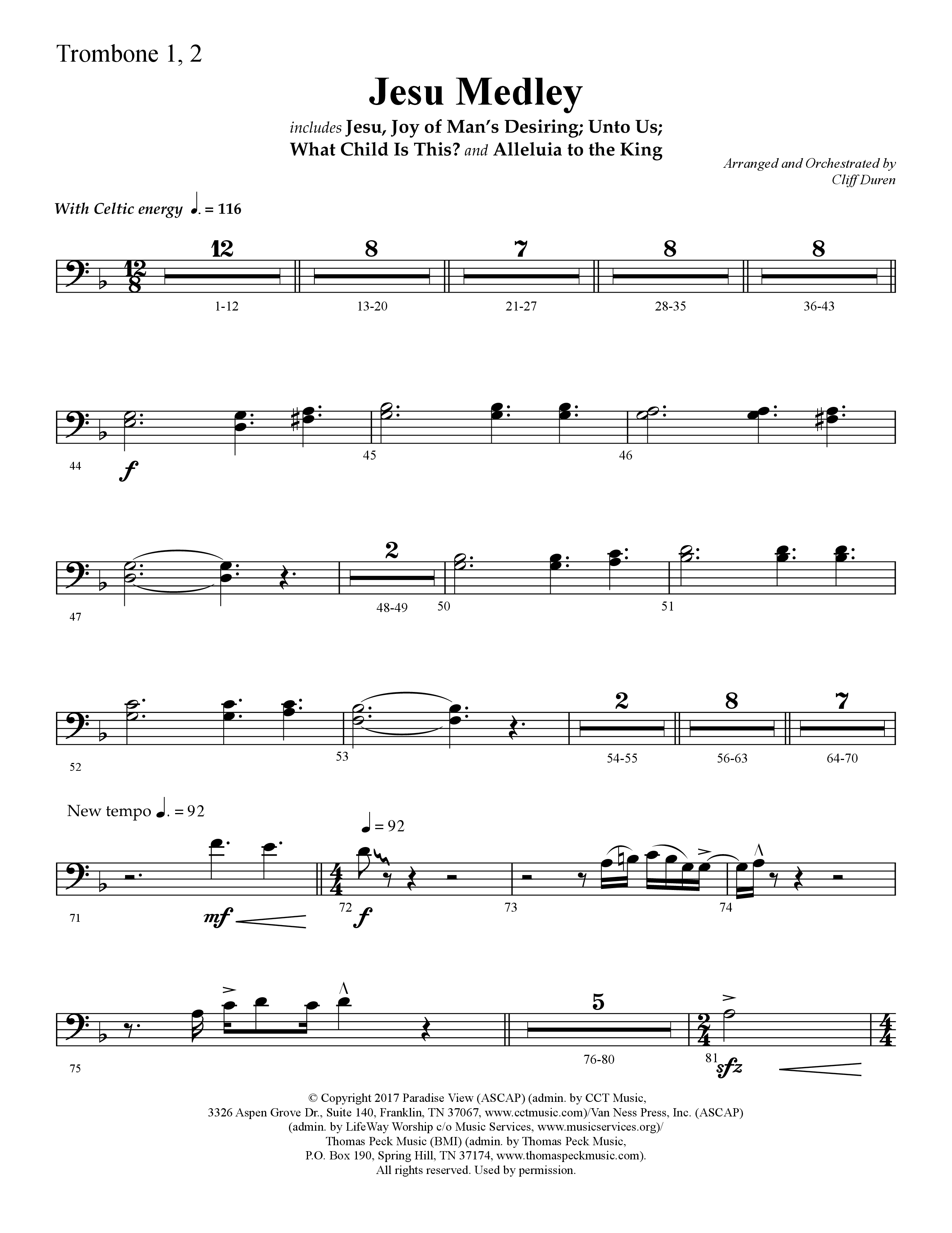 Jesu Medley (with Jesu Joy Of Man’s Desiring, Unto Us, What Child Is This, Alleluia To The King (Choral Anthem SATB) Trombone 1/2 (Lifeway Choral / Arr. Cliff Duren)