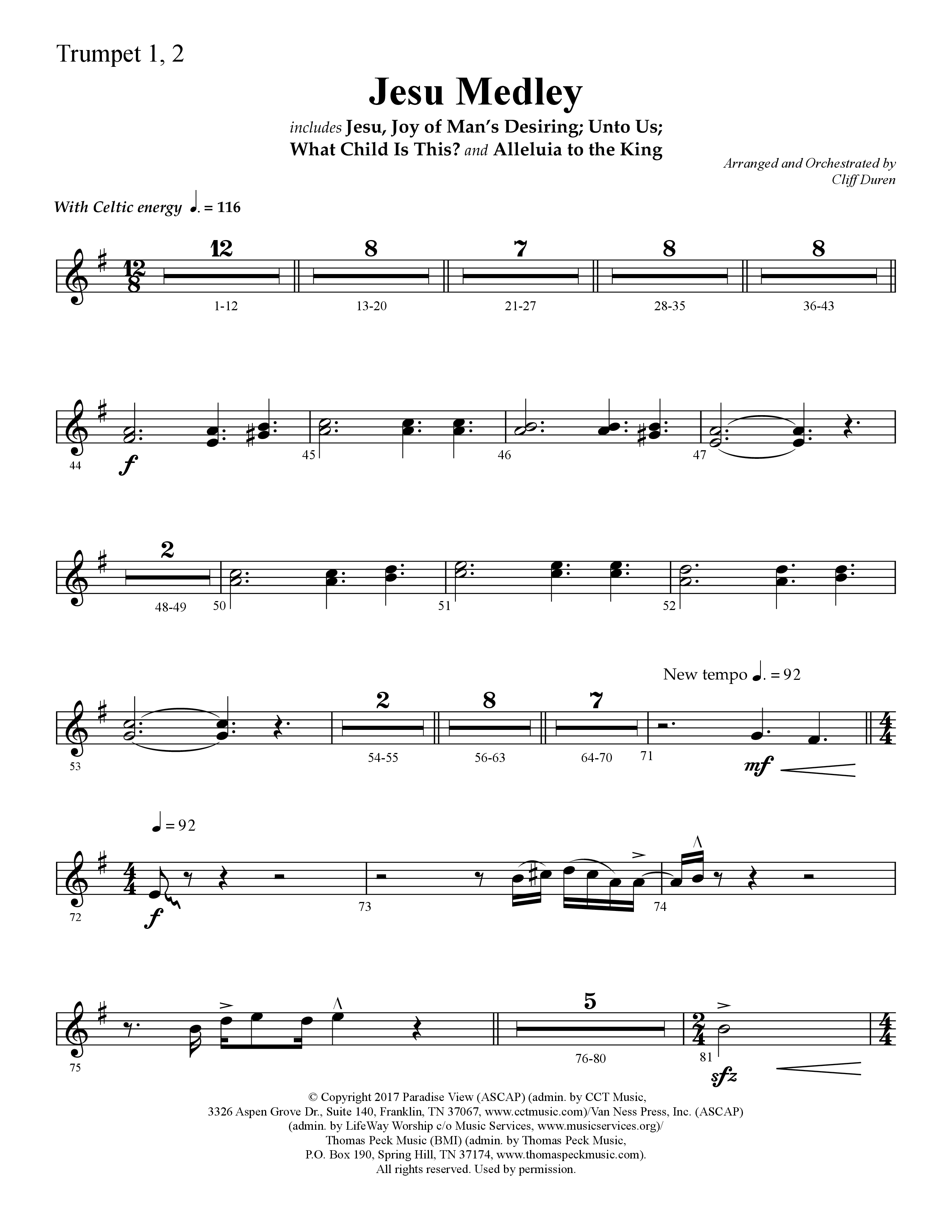 Jesu Medley (with Jesu Joy Of Man’s Desiring, Unto Us, What Child Is This, Alleluia To The King (Choral Anthem SATB) Trumpet 1,2 (Lifeway Choral / Arr. Cliff Duren)