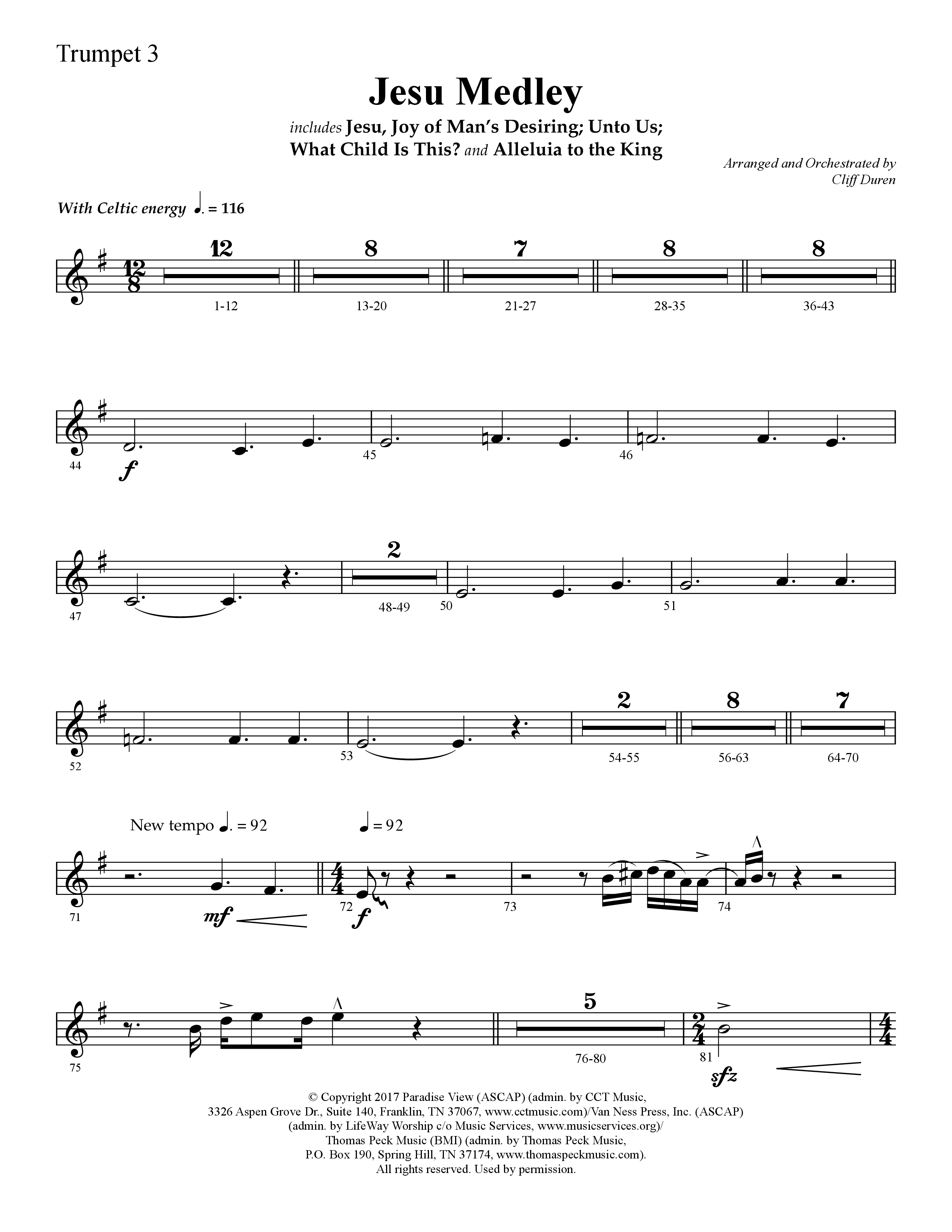 Jesu Medley (with Jesu Joy Of Man’s Desiring, Unto Us, What Child Is This, Alleluia To The King (Choral Anthem SATB) Trumpet 3 (Lifeway Choral / Arr. Cliff Duren)