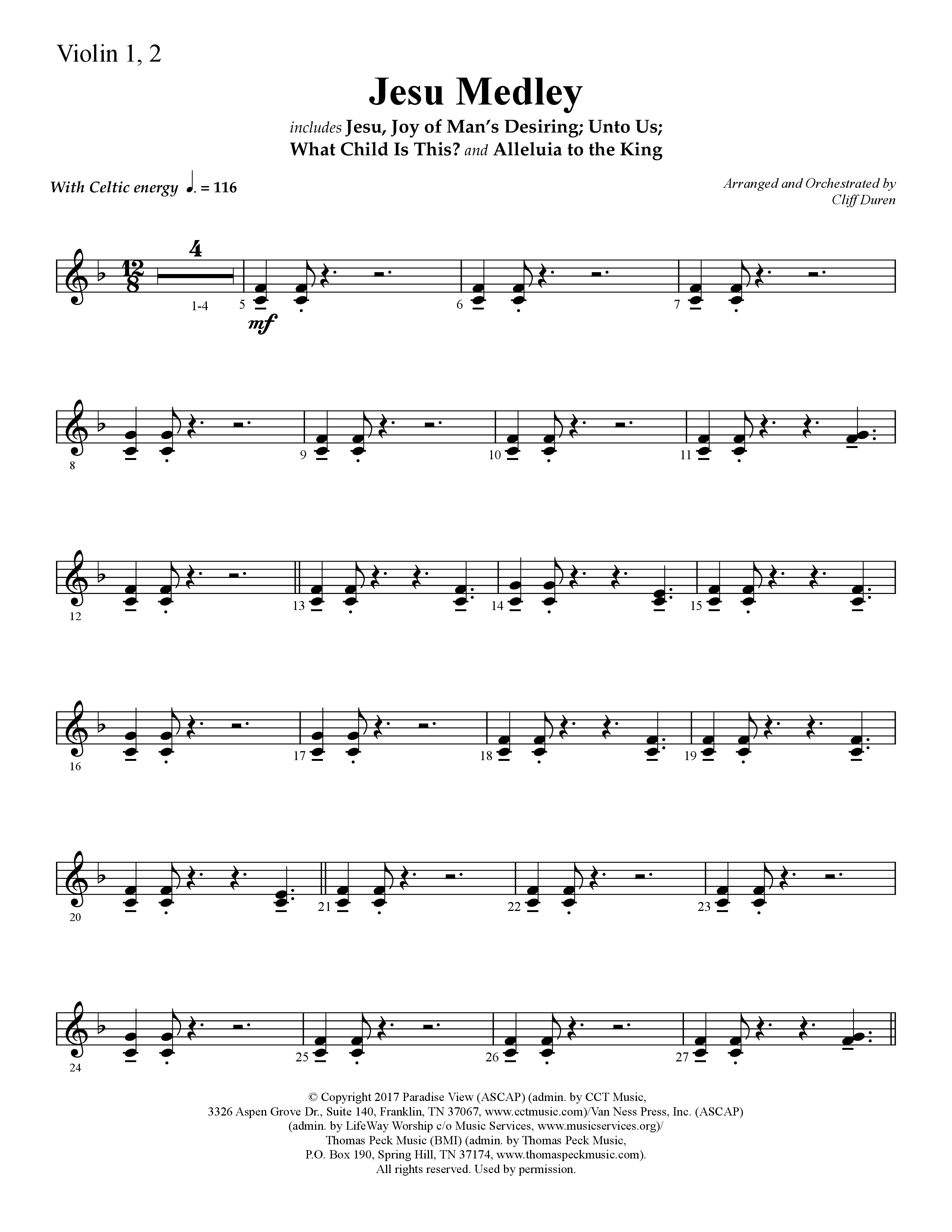 Jesu Medley (with Jesu Joy Of Man’s Desiring, Unto Us, What Child Is This, Alleluia To The King (Choral Anthem SATB) Violin 1/2 (Lifeway Choral / Arr. Cliff Duren)