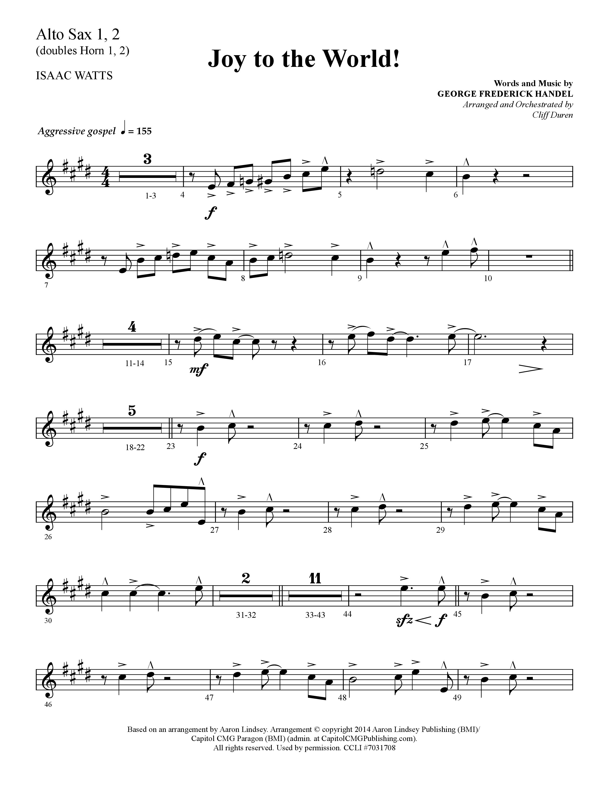 Joy To The World (Choral Anthem SATB) Alto Sax 1/2 (Lifeway Choral / Arr. Cliff Duren)