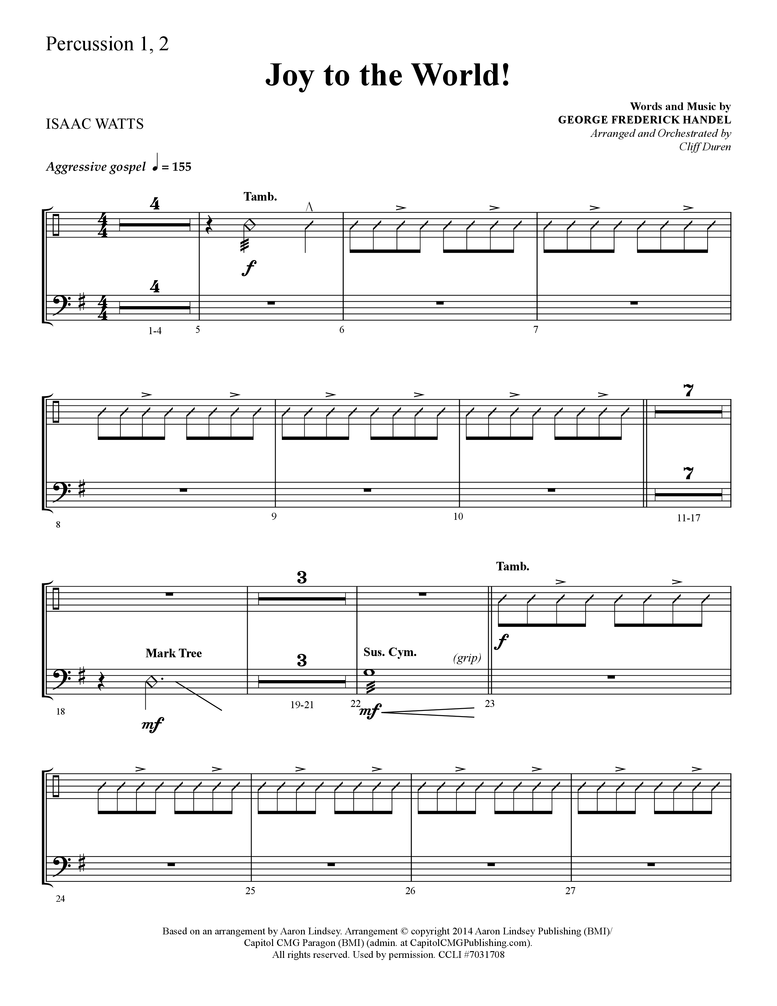 Joy To The World (Choral Anthem SATB) Percussion 1/2 (Lifeway Choral / Arr. Cliff Duren)