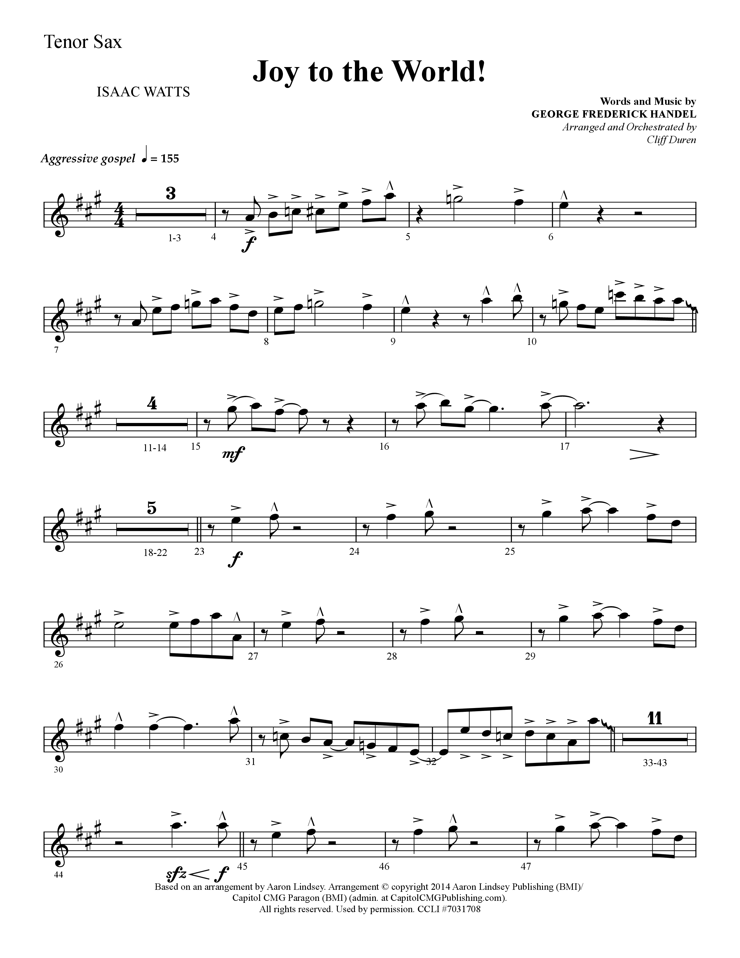Joy To The World (Choral Anthem SATB) Tenor Sax 1 (Lifeway Choral / Arr. Cliff Duren)