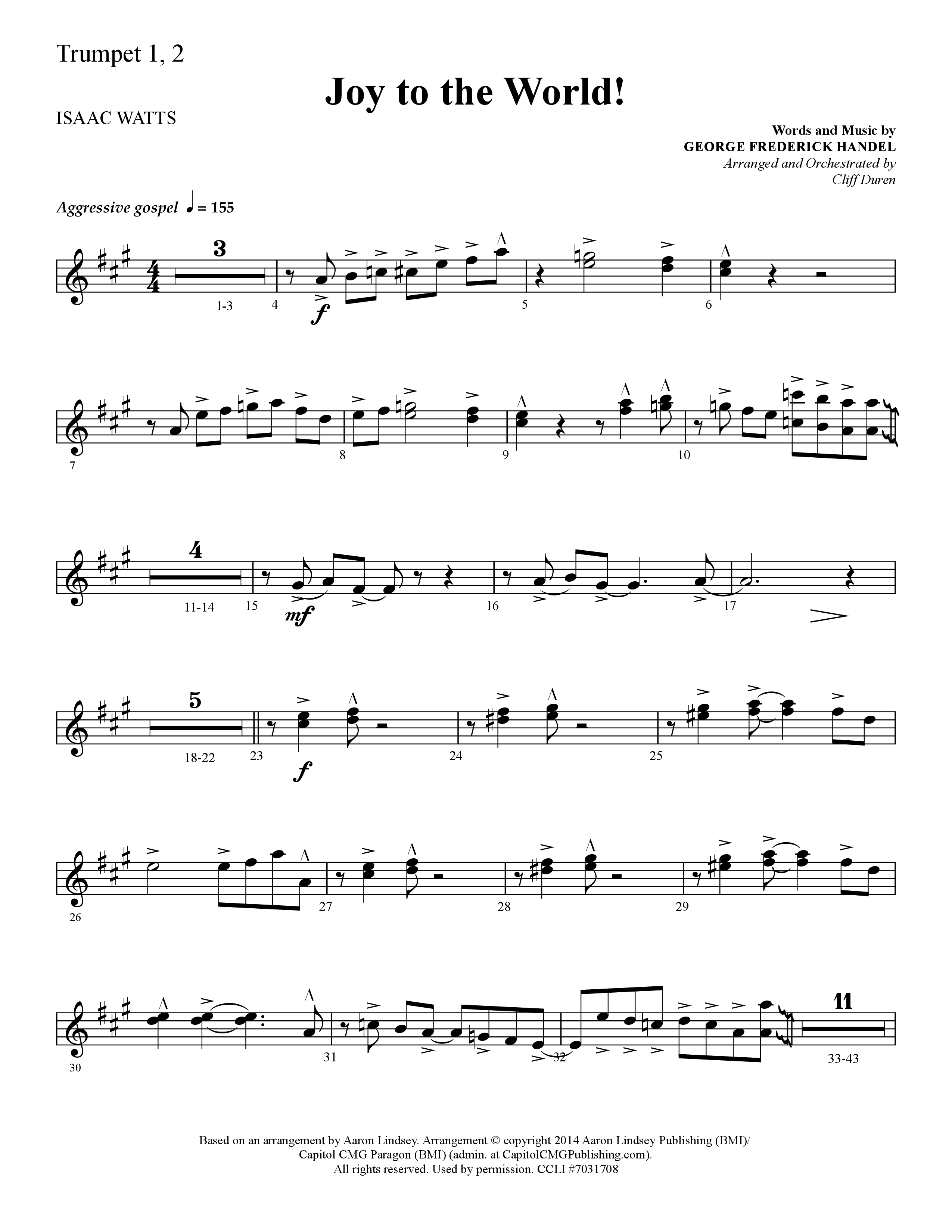 Joy To The World (Choral Anthem SATB) Trumpet 1,2 (Lifeway Choral / Arr. Cliff Duren)