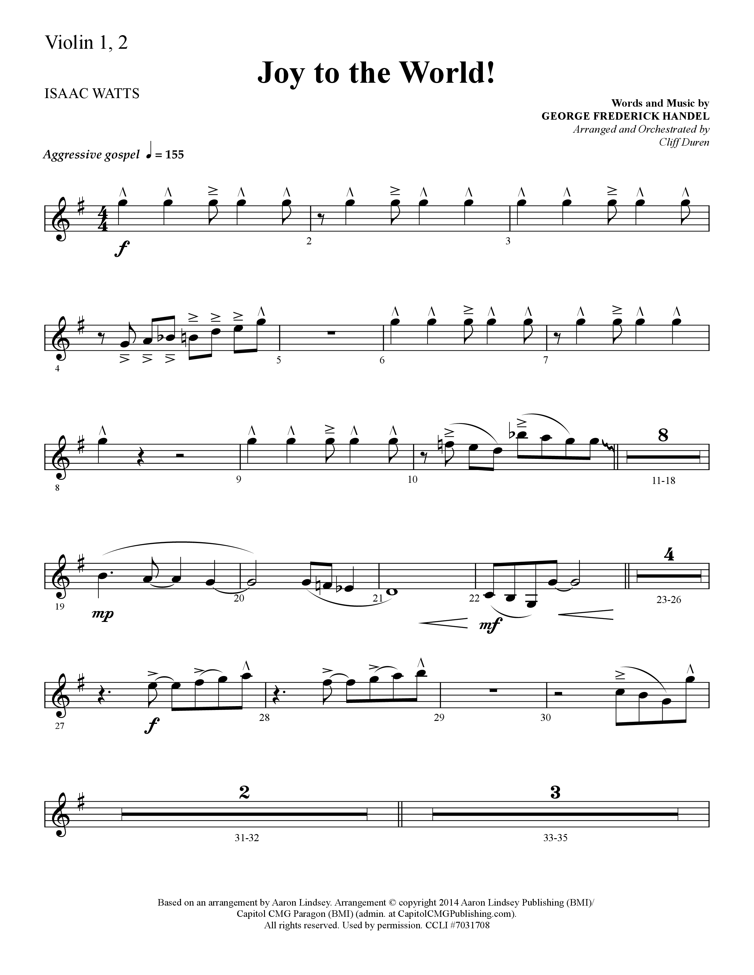 Joy To The World (Choral Anthem SATB) Violin 1/2 (Lifeway Choral / Arr. Cliff Duren)