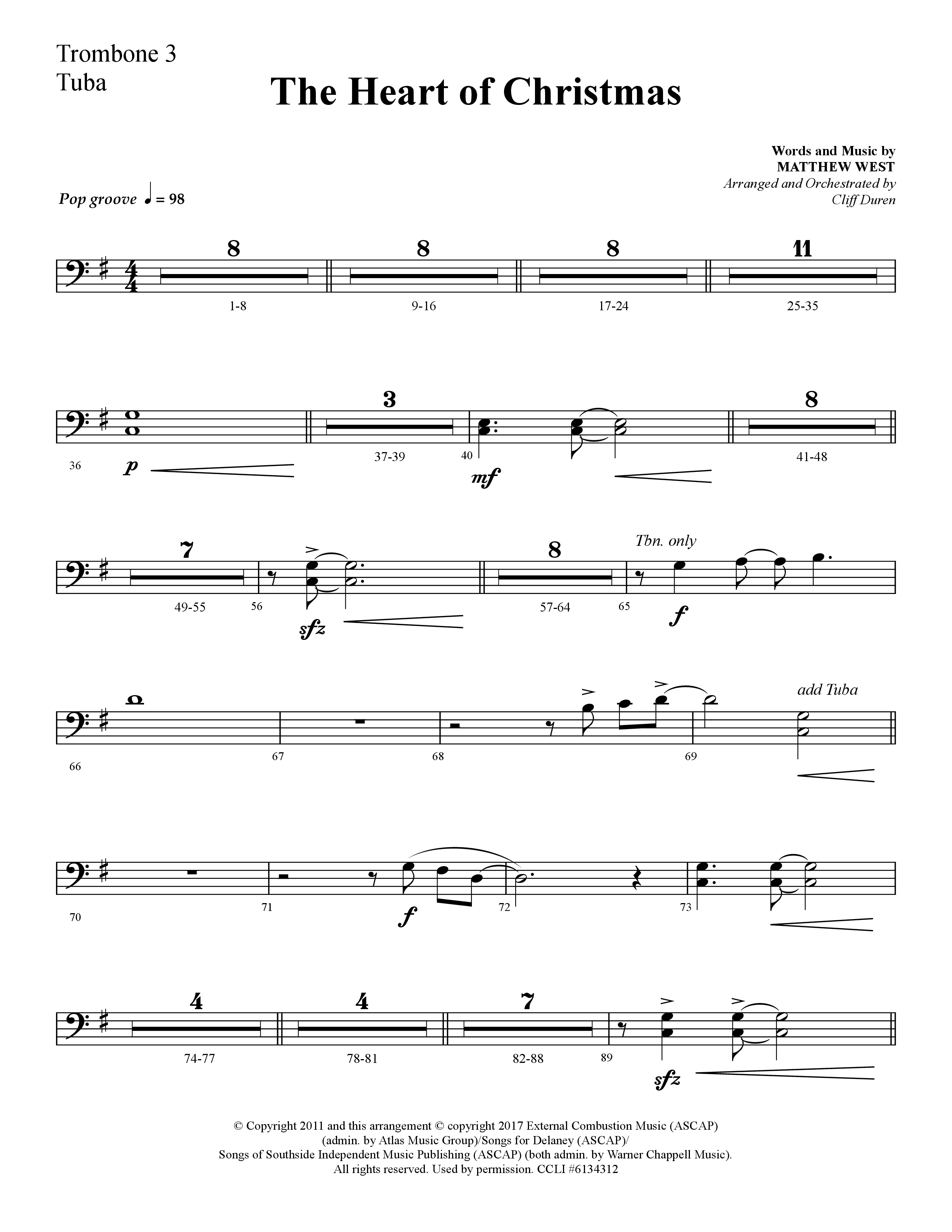 The Heart Of Christmas (Choral Anthem SATB) Trombone 3/Tuba (Lifeway Choral / Arr. Cliff Duren)