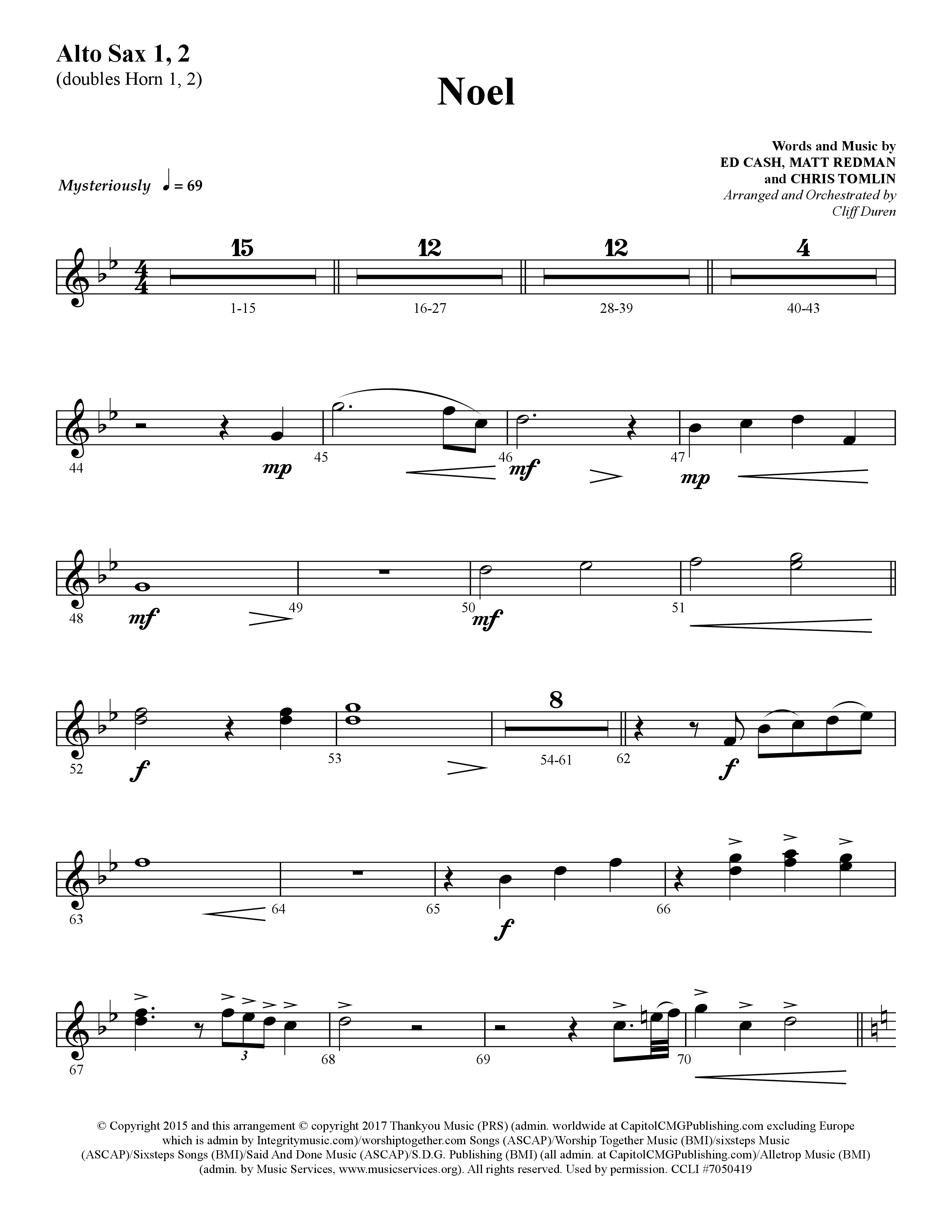 Noel (He Shall Reign Forevermore) (Choral Anthem SATB) Alto Sax 1/2 (Lifeway Choral / Arr. Cliff Duren)