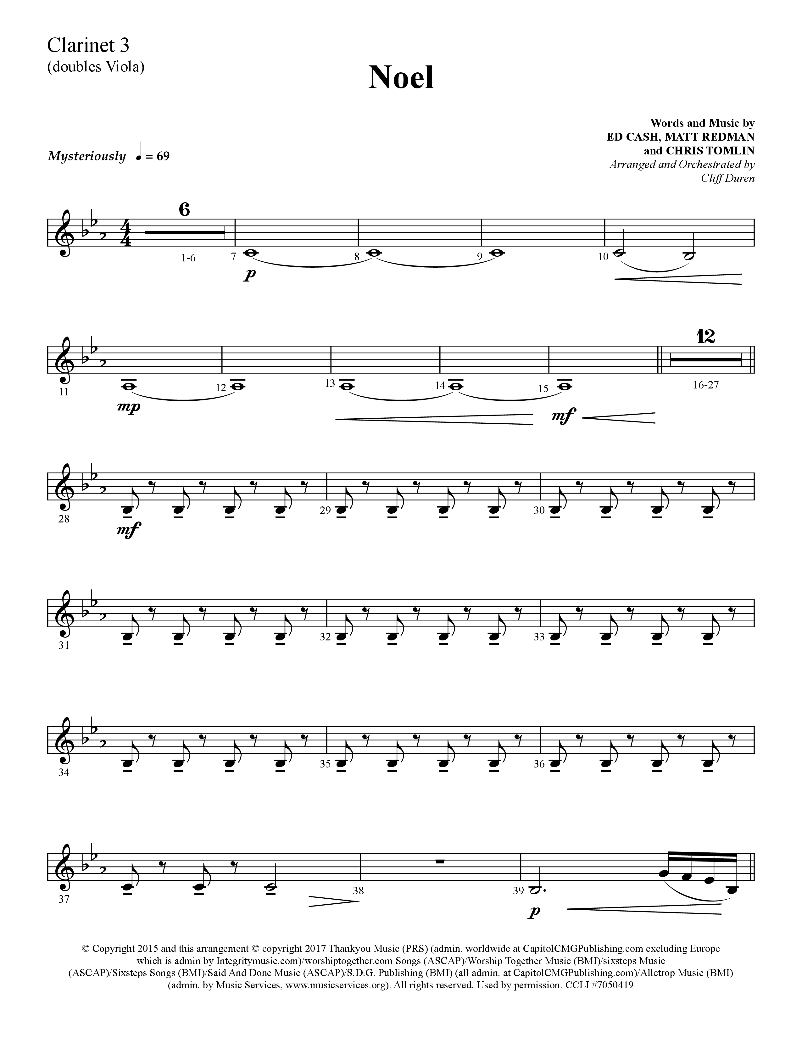 Noel (He Shall Reign Forevermore) (Choral Anthem SATB) Clarinet 3 (Lifeway Choral / Arr. Cliff Duren)