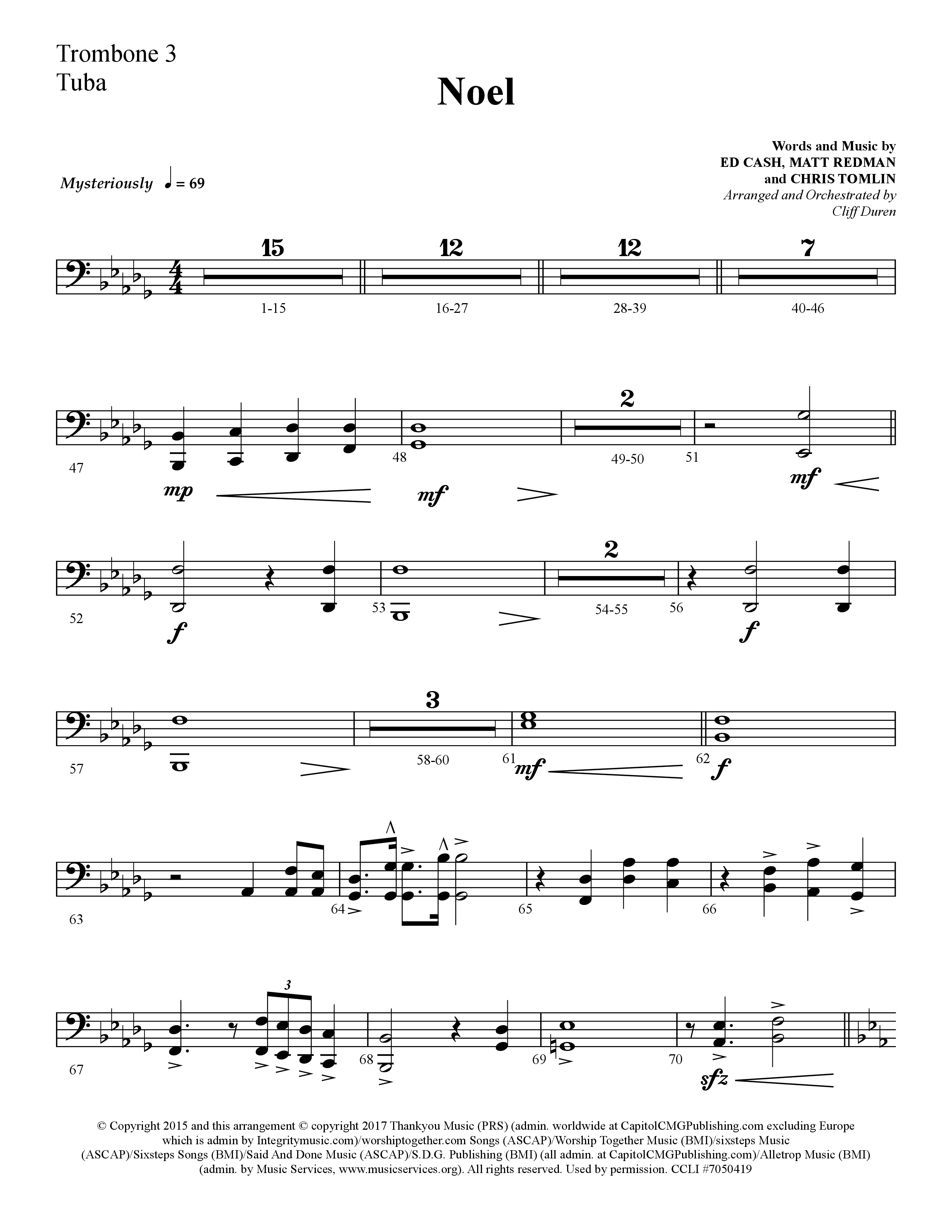 Noel (He Shall Reign Forevermore) (Choral Anthem SATB) Trombone 3/Tuba (Lifeway Choral / Arr. Cliff Duren)