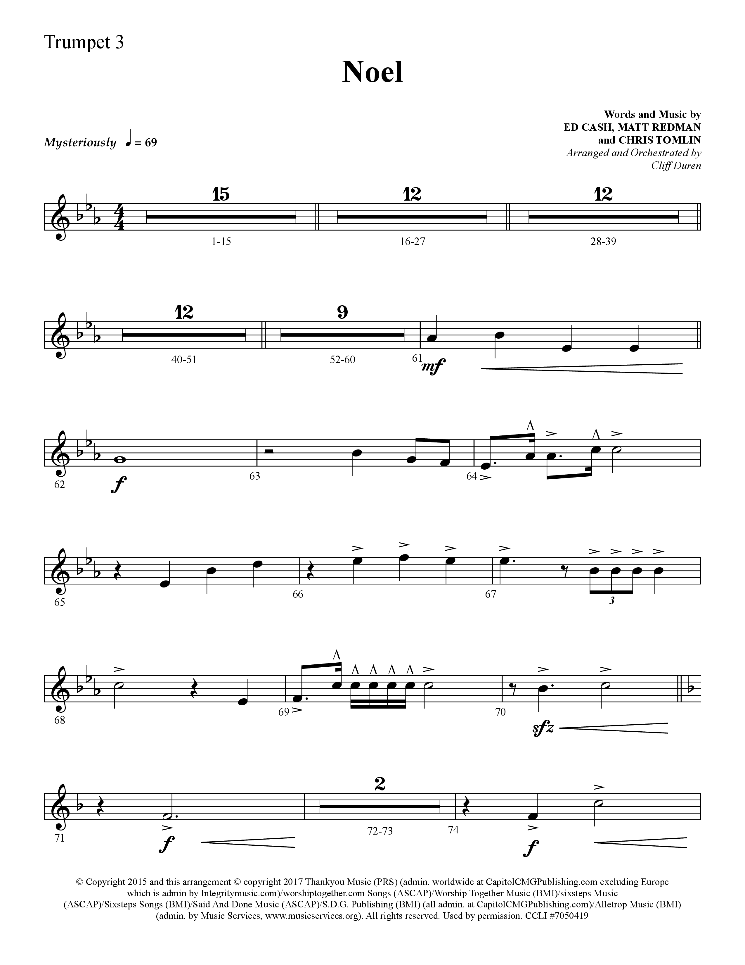 Noel (He Shall Reign Forevermore) (Choral Anthem SATB) Trumpet 3 (Lifeway Choral / Arr. Cliff Duren)