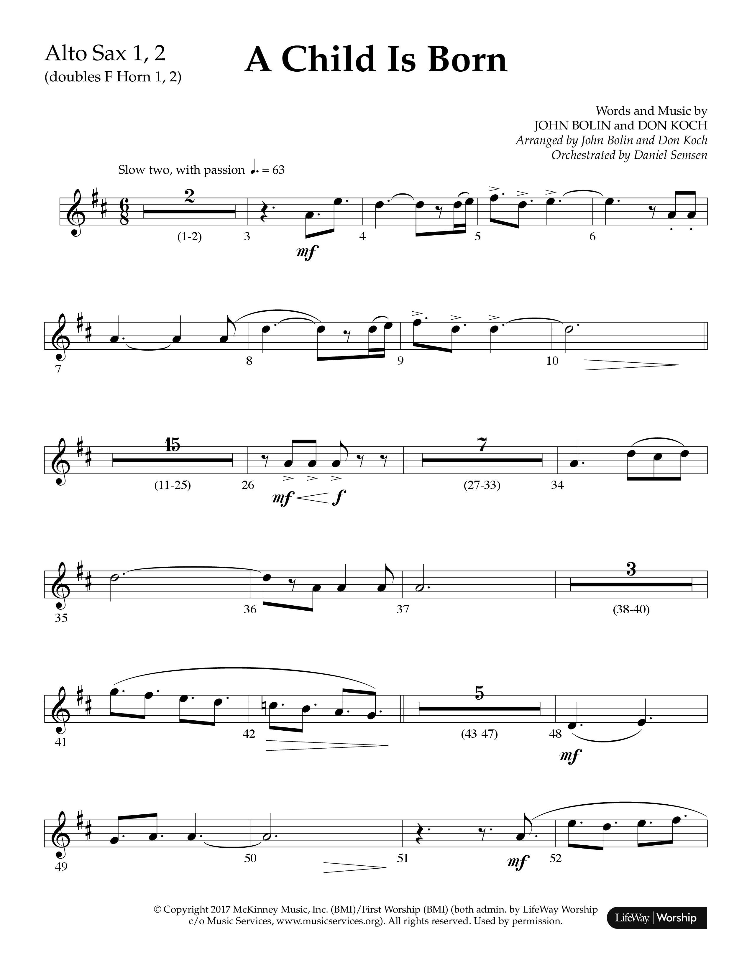 A Child Is Born (Choral Anthem SATB) Alto Sax 1/2 (Lifeway Worship / Arr. John Bolin / Arr. Don Koch)